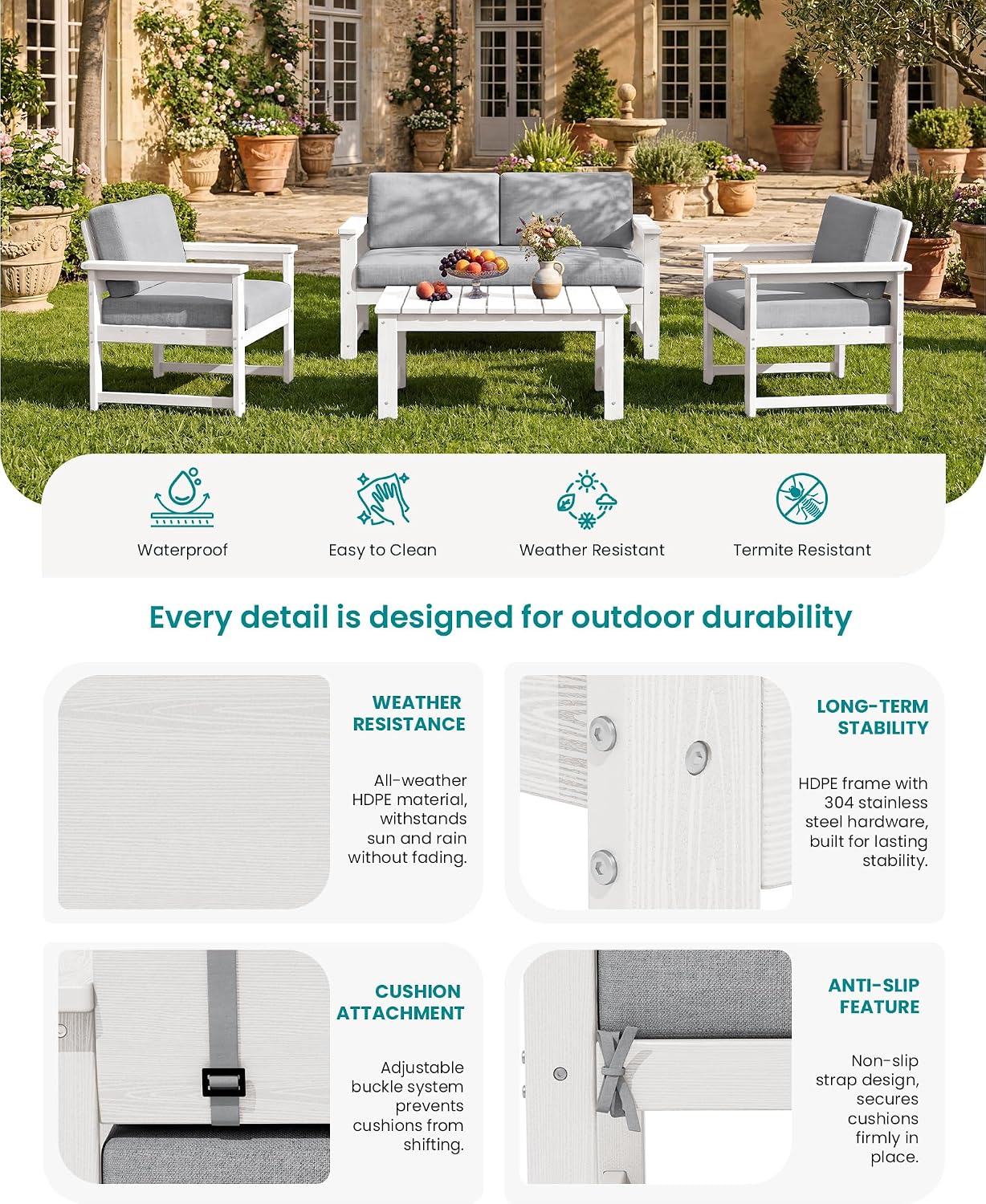 SERWALL HDPE Outdoor Loveseat with Cushions, All Weather Use Outdoor Loveseat Sofa, White Frame/Grey Cushion