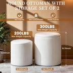 White Vanity Stool Set of 2 - Round Storage Ottoman with Lid, Velvet Footrest Pouf for Makeup Room & Living Room, Multi-Use Small Chair with Hidden Storage（White）