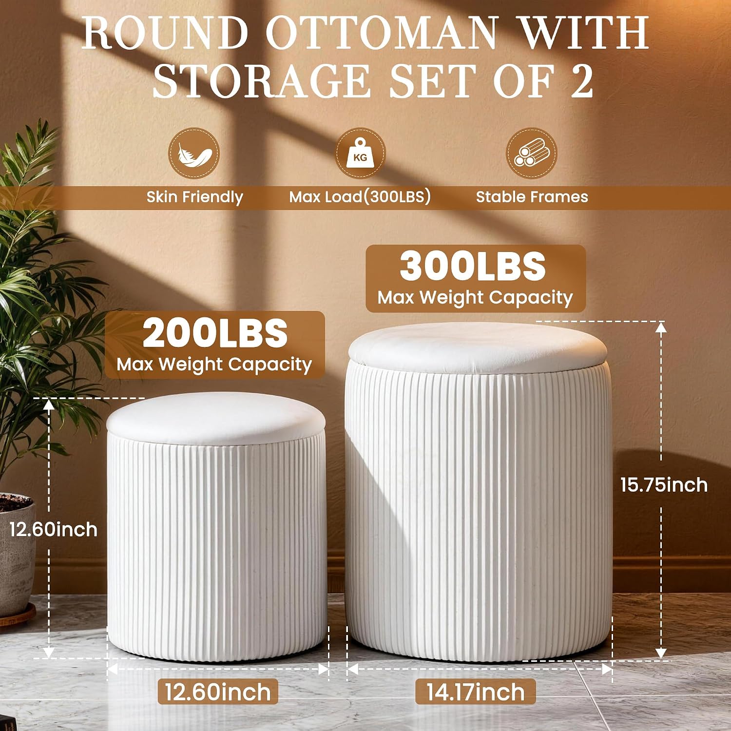 White Vanity Stool Set of 2 - Round Storage Ottoman with Lid, Velvet Footrest Pouf for Makeup Room & Living Room, Multi-Use Small Chair with Hidden Storage（White）