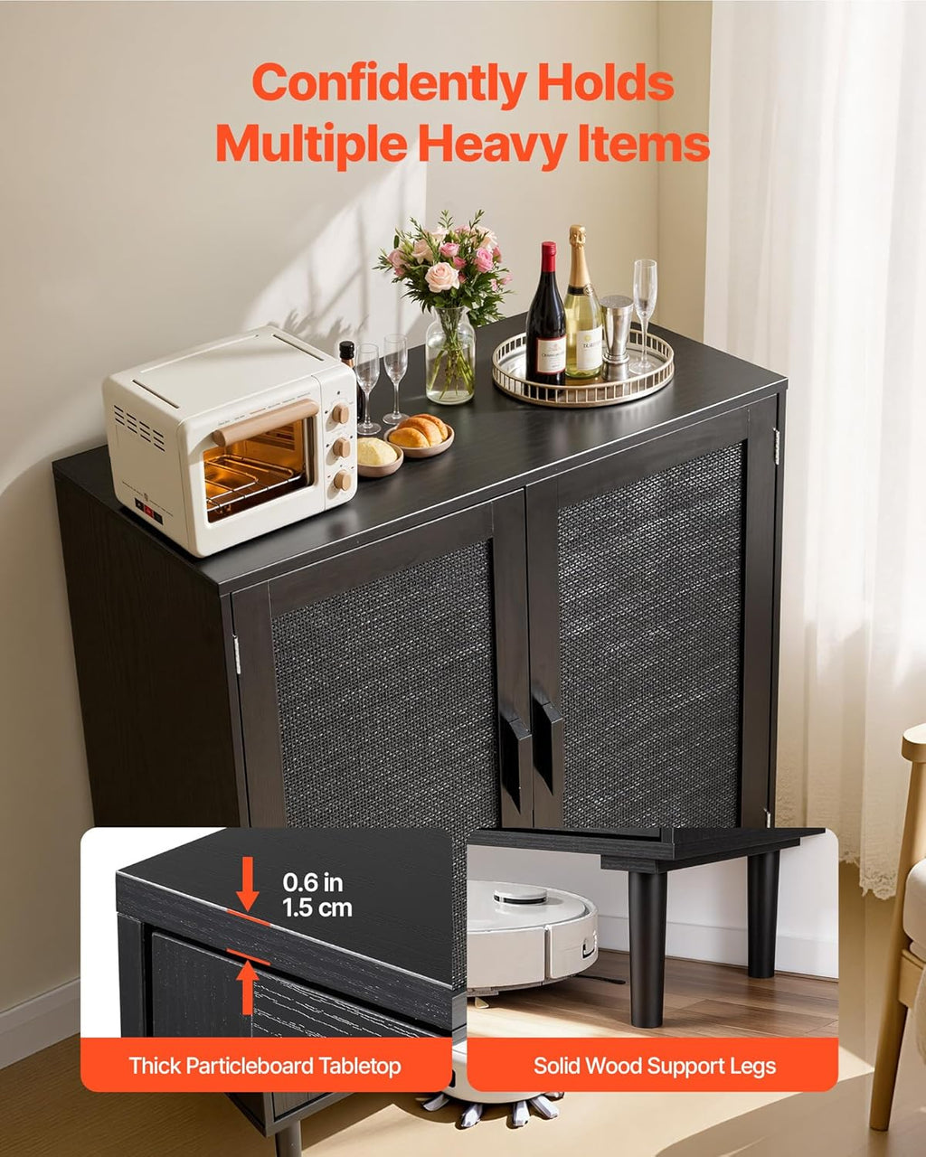 VEVOR Buffet Cabinet, Rattan Sideboard Cabinet with 2 Magnetic Doors and Adjustable Shelves, Accent Sideboard Buffet with Wooden Legs & Power Cord Hole for Hallway, Entryway, Kitchen, Black