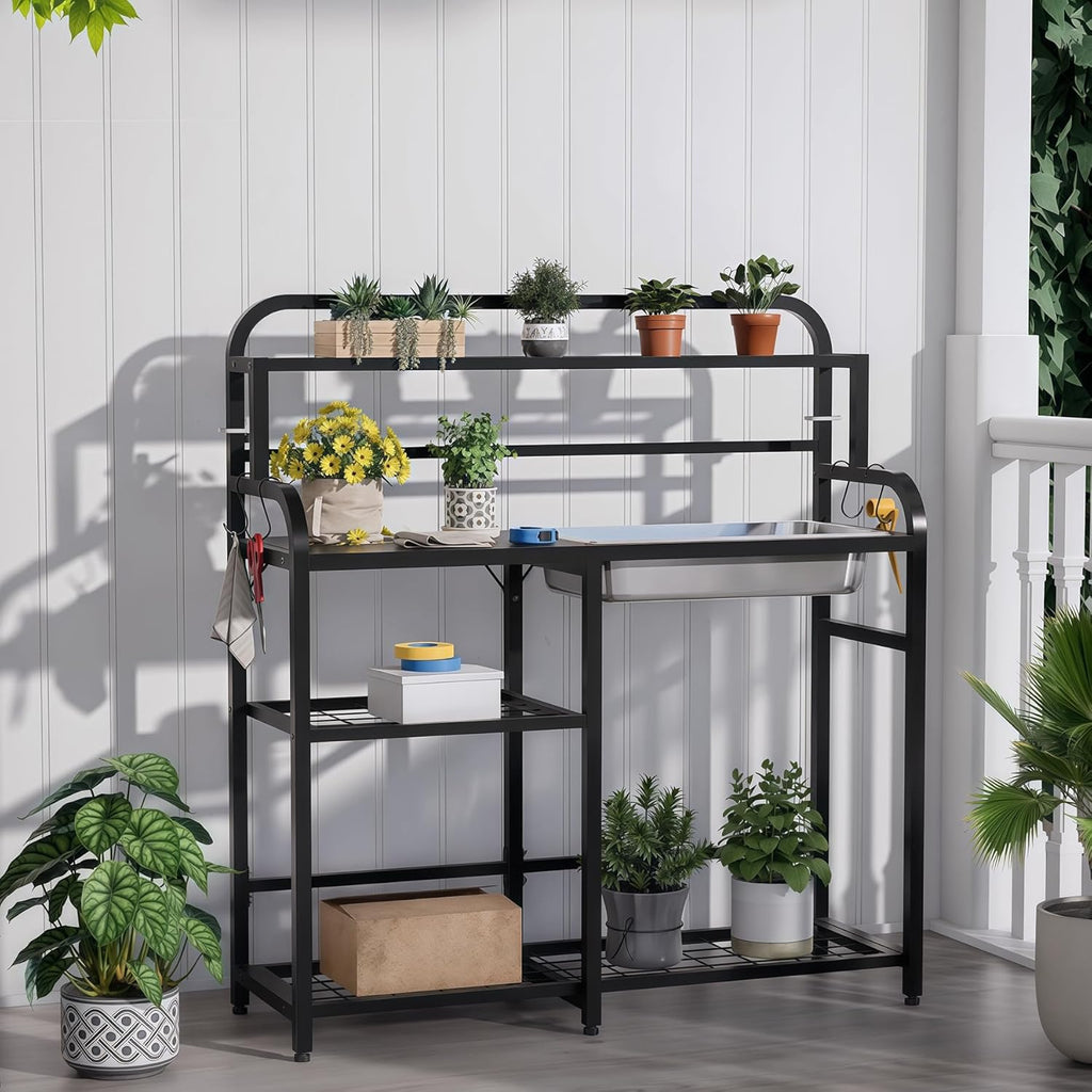 Outdoor Potting Bench Table with Sink & Storage, Heavy Duty Metal Gardening Workbench, 4-Tier Garden Potting Station with Hooks, Adjustable Height Planting Table for Patio Lawn Backyard, Black