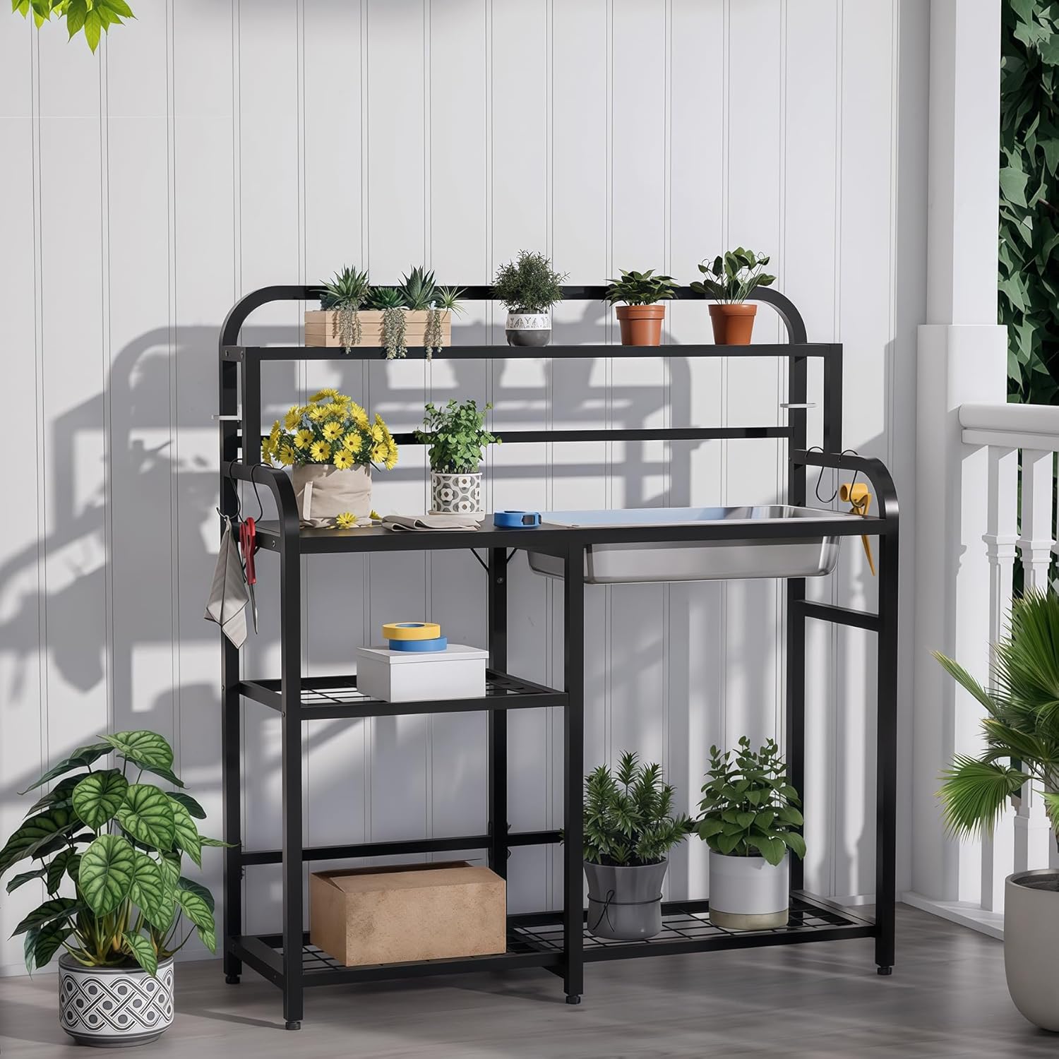 Outdoor Potting Bench Table with Sink & Storage, Heavy Duty Metal Gardening Workbench, 4-Tier Garden Potting Station with Hooks, Adjustable Height Planting Table for Patio Lawn Backyard, Black