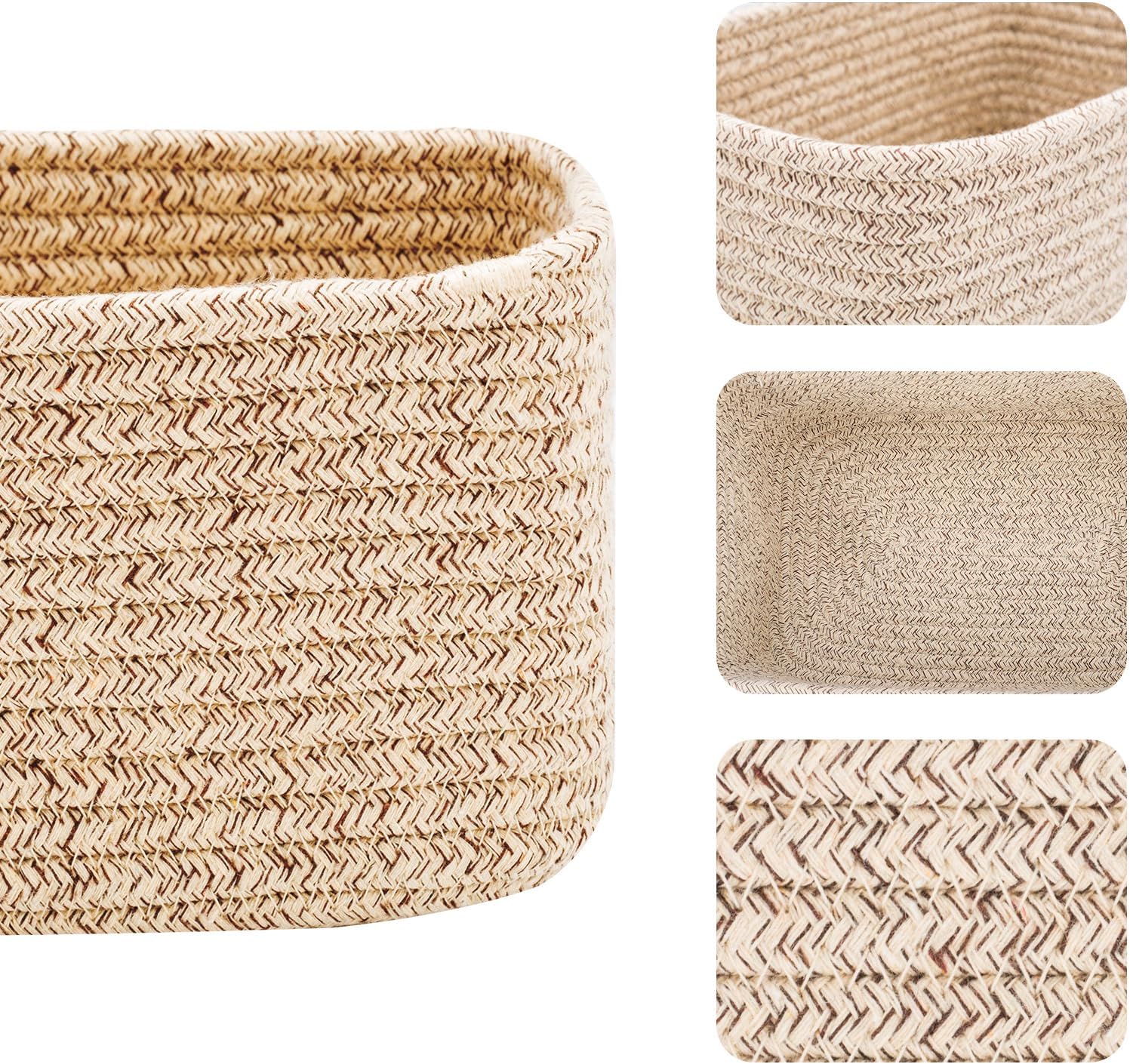 MiniArk Small Storage Baskets for Organizing | Closet Organizer Bins | Shelf Toy Basket | Woven Rope Baskets | Cube Decorative Box | Shallow Basket | L11.5xW7.5xH4.7| Brown