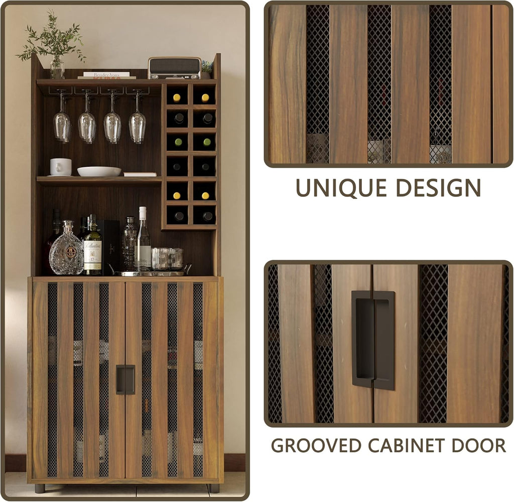 Wine Cabinet with 12 Wine Bottle Racks, 70'' Wine Bar Cabinet Bar Cabinet Tall with Storage, Modern WoodenTall Liquor Cabinet with Glass Holder for Home, Brown