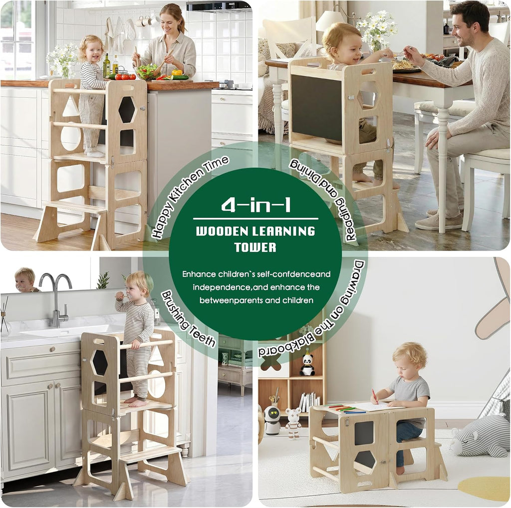 4-in-1 Toddler Kitchen Step Stool,Montessori Foldable Learning Standing Tower with Blackboard, Anti-tip Structure Design,Wooden Kitchen Step Helper Stool for 1-3 Year Old Boy Girl