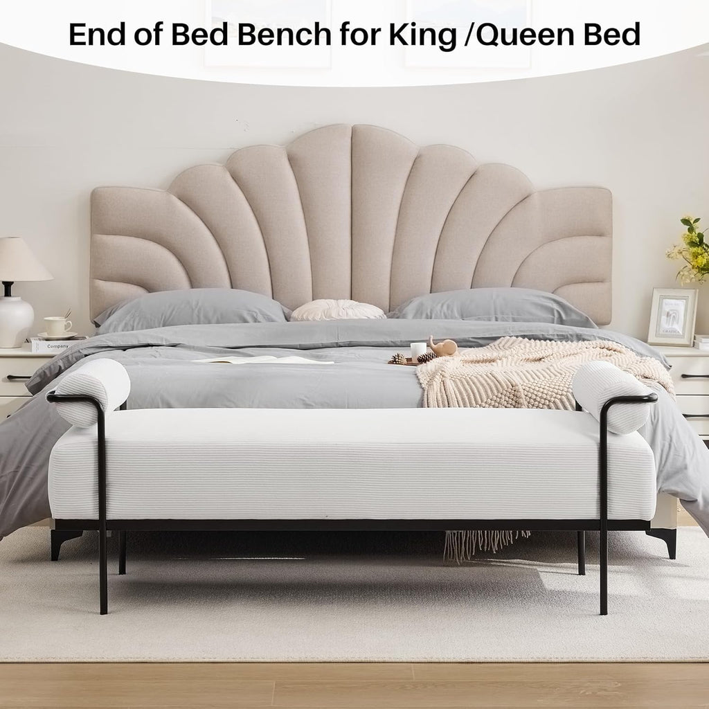 SOFTHION Entryway Bench End of Bed Bench 61.2",Modern Upholstered Bench Ottoman,Corduroy Paded Footrest Stool with Metal Legs for Living Room, Foyer Mudroom Hallway,White
