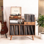 Record Player Stand, Large Record Player Table Cabinet with Open Vinyl Storage and Display Shelf Holds up to 250 Albums, Mid Century Wood Turntable for Living Room, Bedroom (Brown)