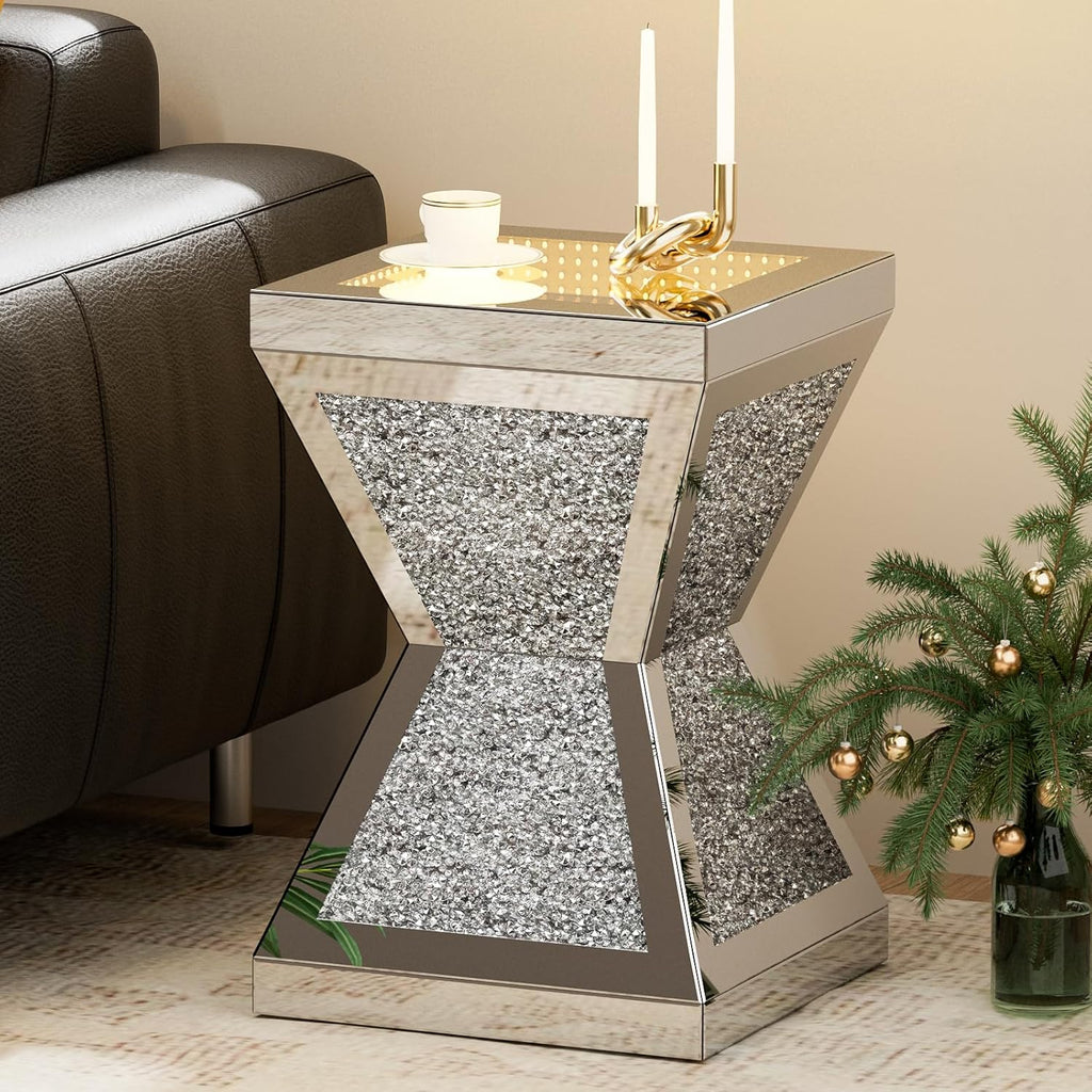 IKIFLY Mirrored Nightstand Set of 2, LED End Table with Irregular Base, Silver Accent Beside Table with Crushed Diamond for Living Room, Bedroom and Office (Remote Control Included)
