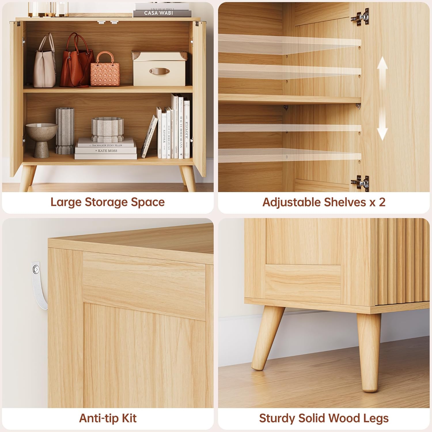 Fluted Sideboard Buffet Cabinet with Storage, 2 Doors Modern Sideboard Cabinet for Living Room, Wood Coffee Bar Cabinets with Adjustable Shelves Accent Credenza for Kitchen, Entryway, Natural