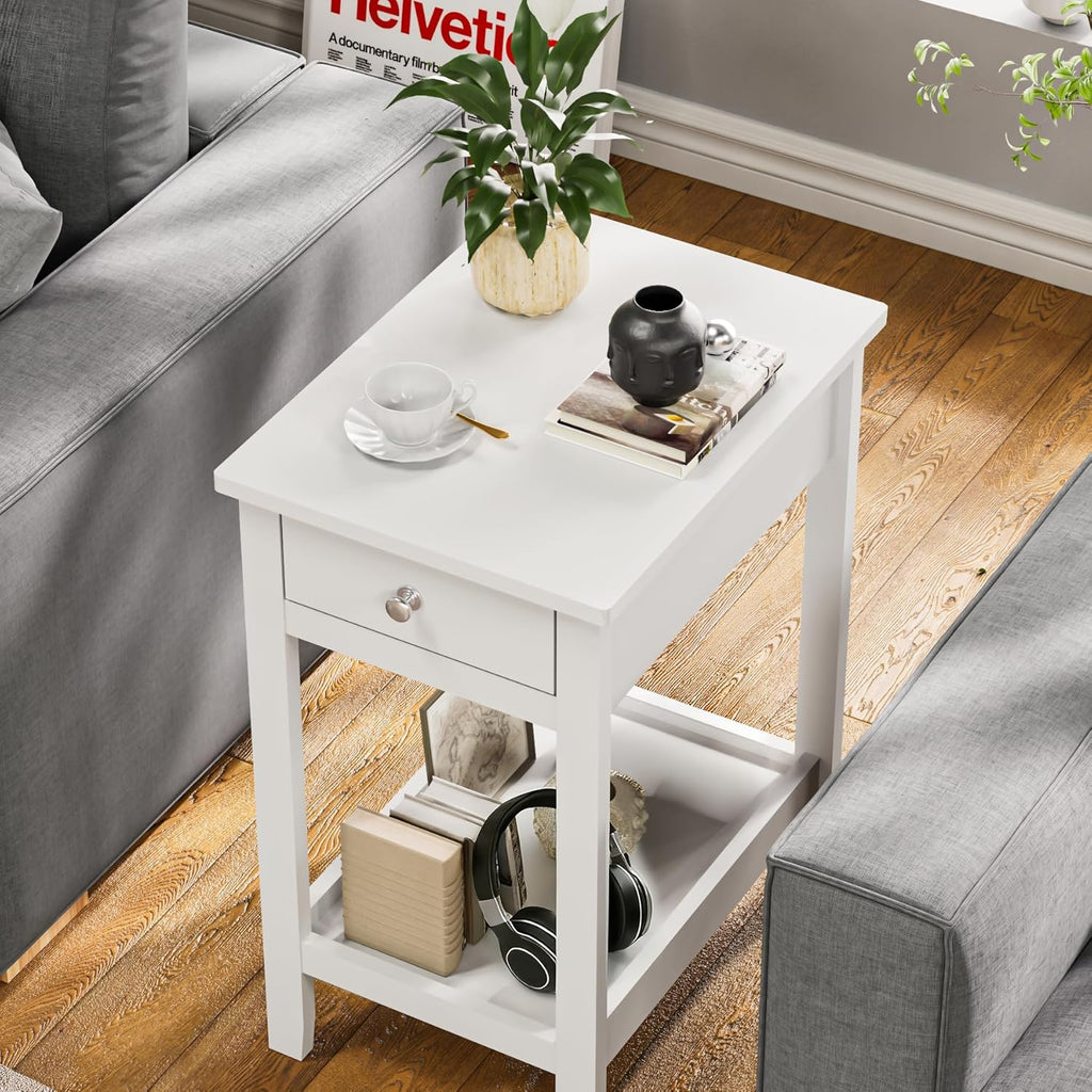 SEJOV Narrow Side Table, Small White End Table with Drawer & Storage Shelve Nightstand Wooden Bedside Table for Living Room Small Spaces Bedroom and Office