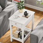 SEJOV End Table Set of 2, Narrow Night Stand with Drawer and Shelves, 2-Tier Small Wood Look Accent Side Tables Living Room Bedroom Office, White