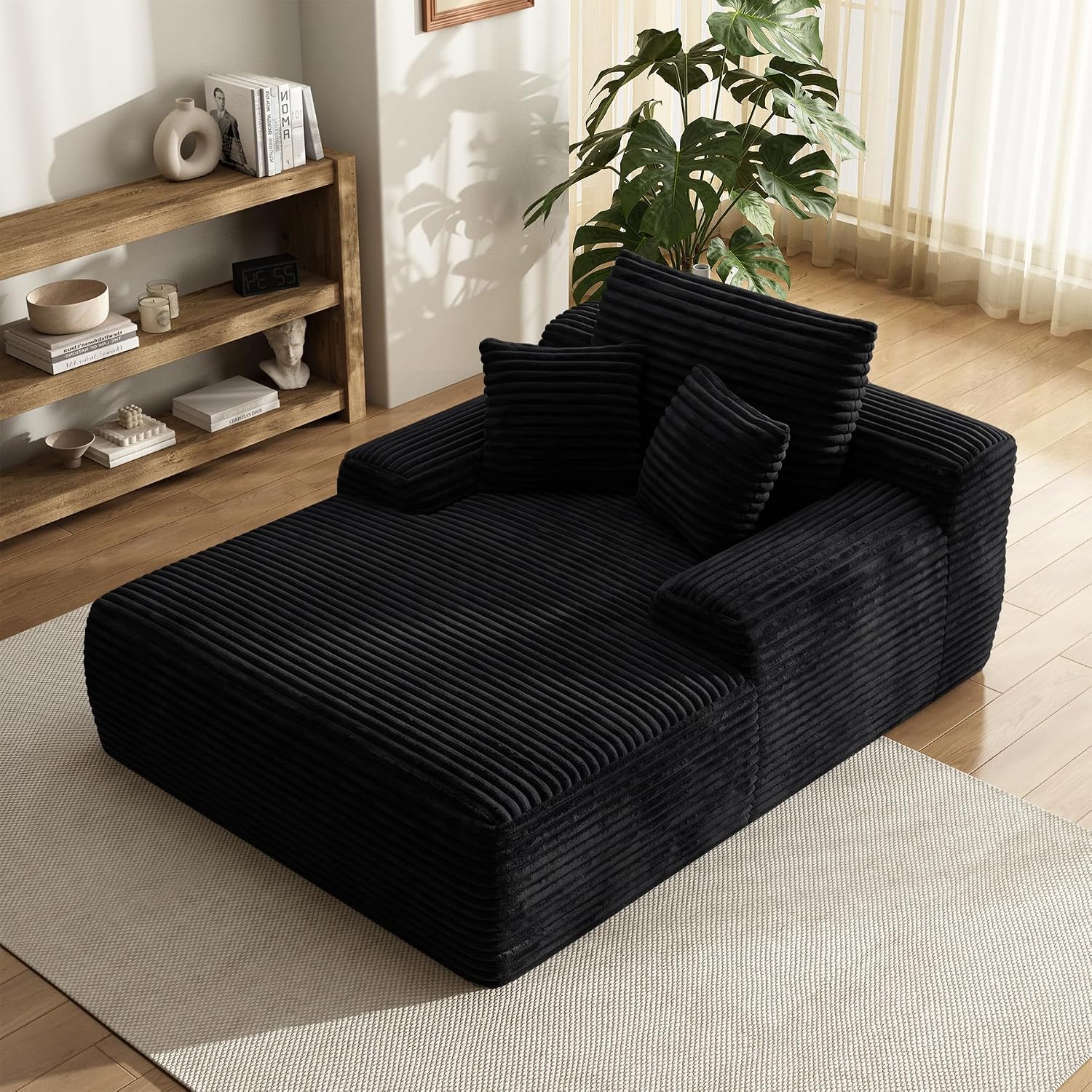 65'' Chaise Lounge Chair Indoor, Black Corduroy Sofa Bed, Boneless Lounge Chair, Oversized Sleeper Sofa, Black Corduroy Cloud Couch Reading Chair for Living Room No Assembly