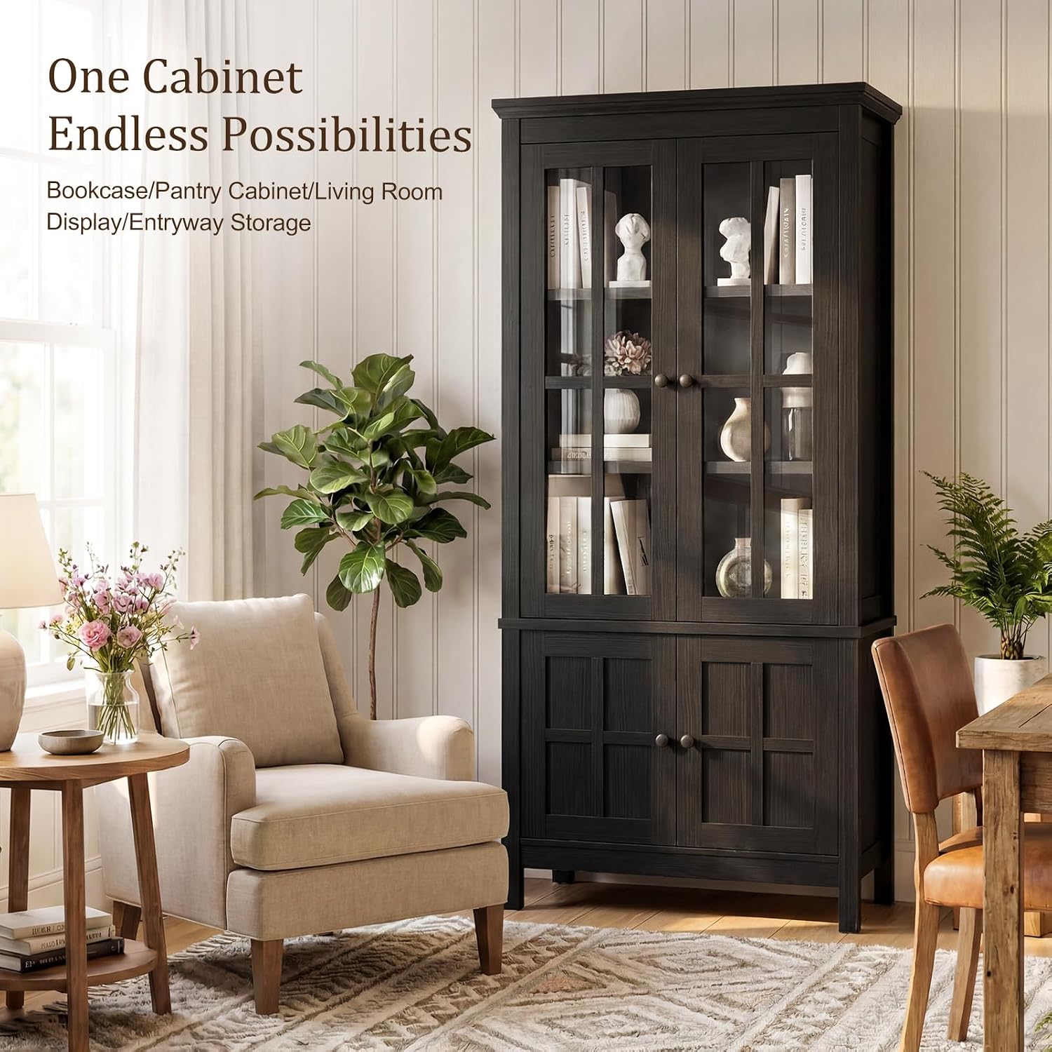 Farmhouse 63" Kitchen Pantry Storage Cabinet with Glass Doors & Hidden Storage, Display Kitchen Hutch Cupboard with Adjustable Shelves for Dining Room, Living Room Home Office