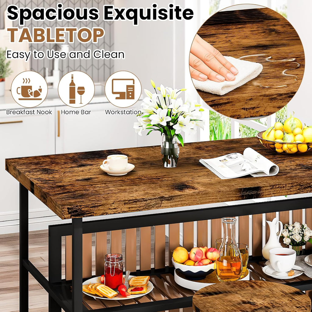 DKLGG Kitchen Island with Seating & Storage, Farmhouse Dining Table Set for 2, Space-Saving 3 Piece Dining Set Table & Chairs Island Table for Kitchen, Apartment, Dining Room, Rustic Brown