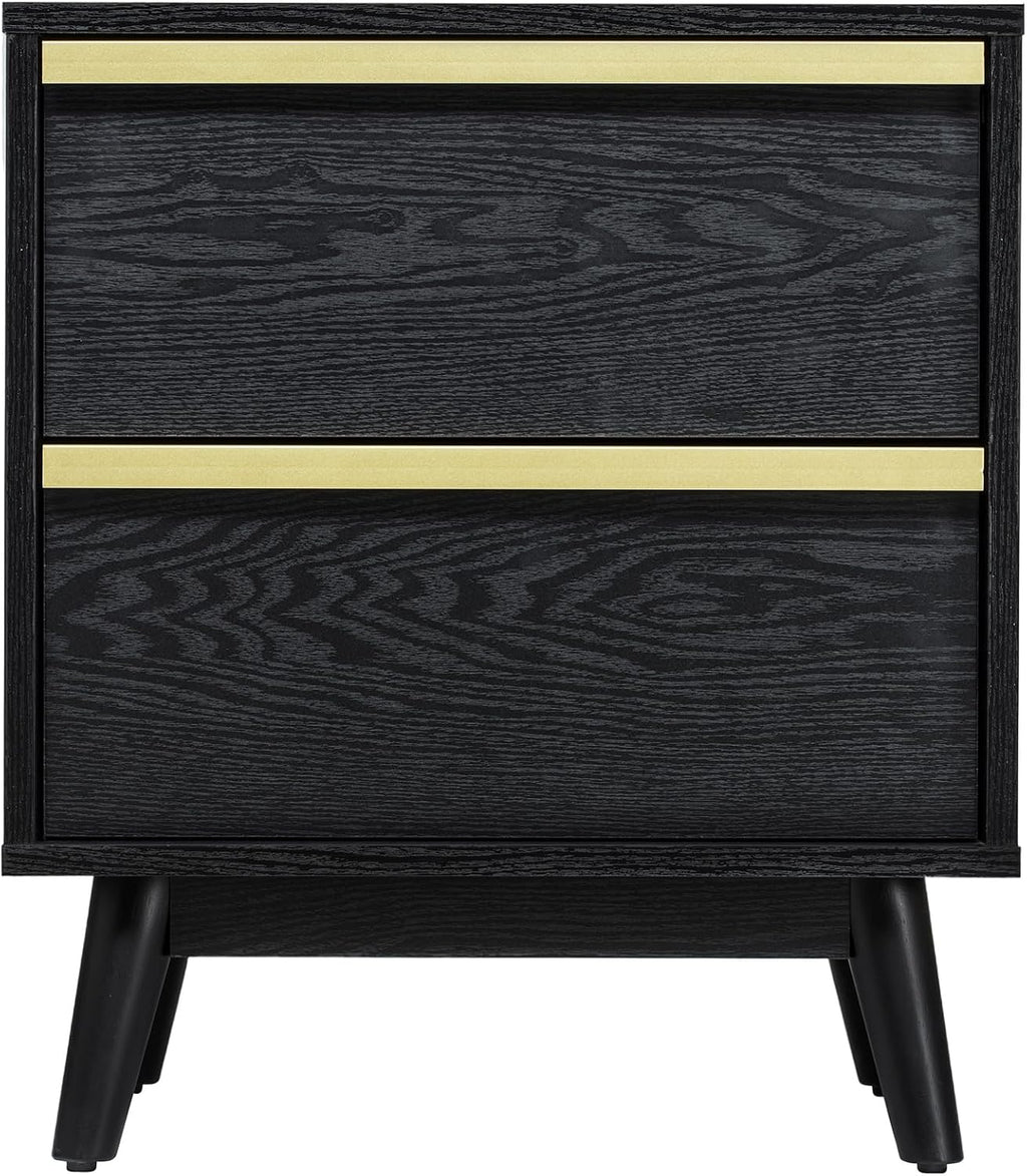 SANGO Cortland 2-Drawer Nightstand, Modern Black Wood Bedside Table with Brass Handle, Wooden Legs, Sleek Mid-Century Design, Elegant Storage for Contemporary Homes