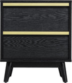 SANGO Cortland 2-Drawer Nightstand, Modern Black Wood Bedside Table with Brass Handle, Wooden Legs, Sleek Mid-Century Design, Elegant Storage for Contemporary Homes
