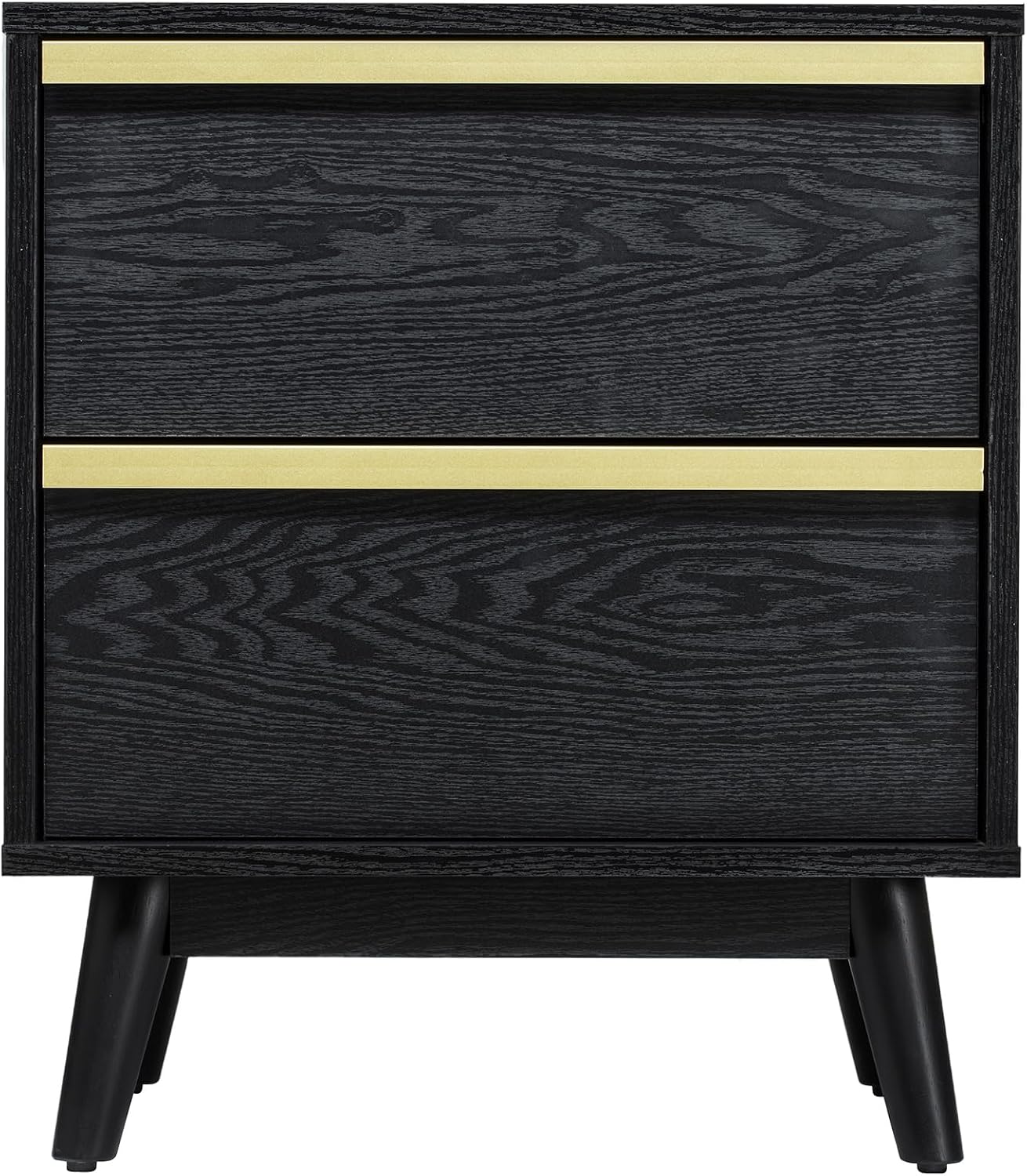 SANGO Cortland 2-Drawer Nightstand, Modern Black Wood Bedside Table with Brass Handle, Wooden Legs, Sleek Mid-Century Design, Elegant Storage for Contemporary Homes
