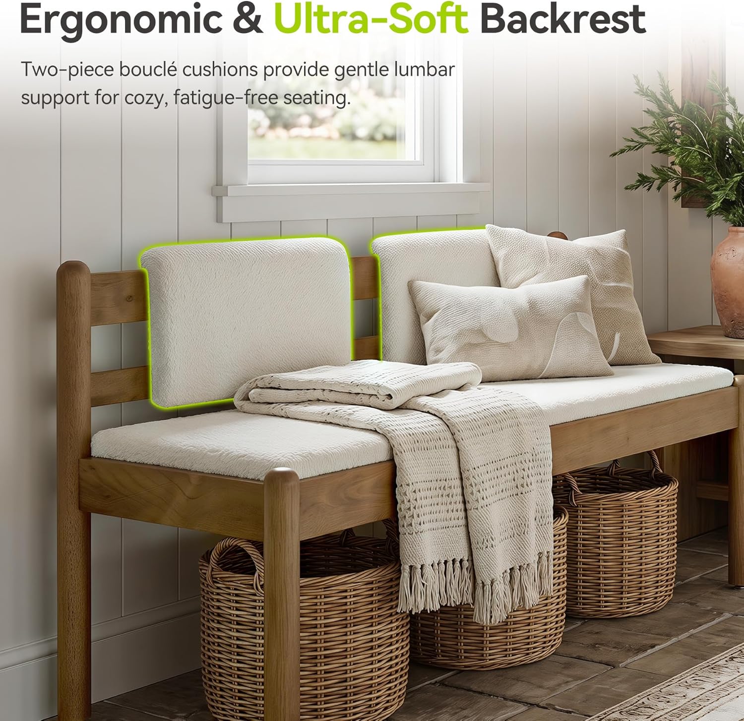 LITTLE TREE Solid Wood Entryway Bench, 49" Dining Bench with Back, Wood Settee Bench with Upholstered Seat, Farmhouse Bedroom Bench for End of Bed, Dining Room, Mudroom, Entryway, White + Walnut Brown