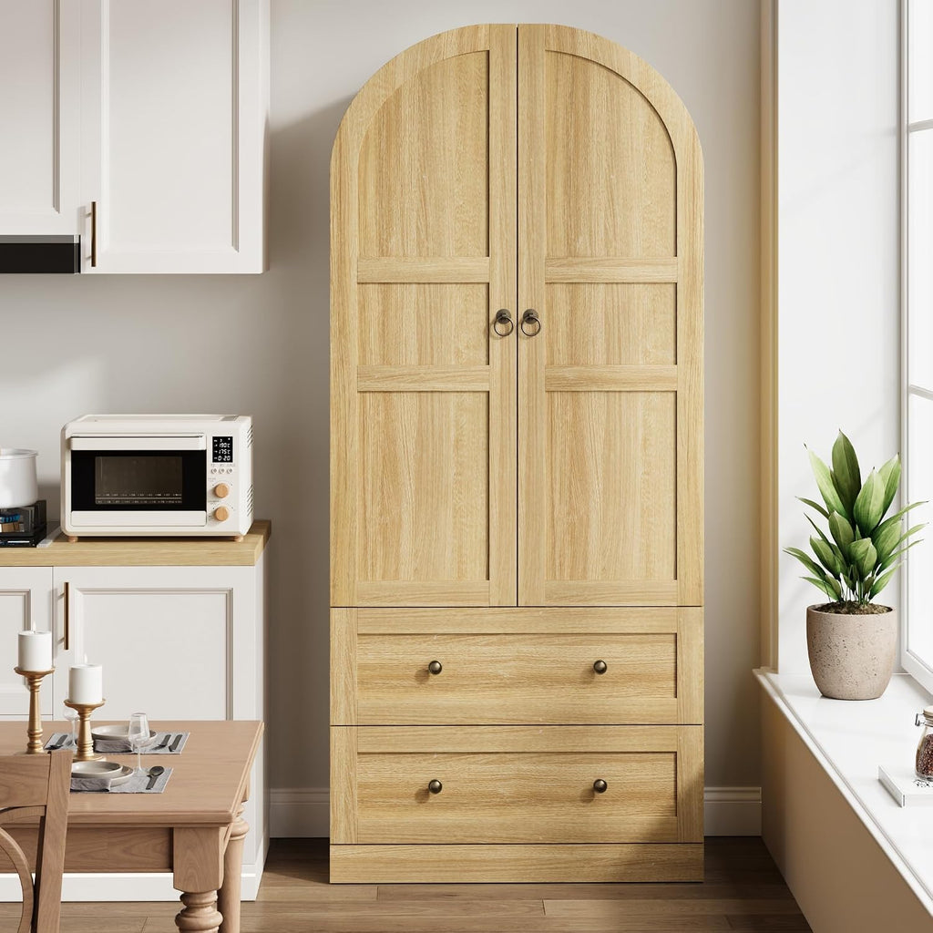 72" Arched Wooden Freestanding Kitchen Pantry Cabinet with Doors Drawers Adjustable Shelves Farmhouse Storage Cupboard for Dining Living Room