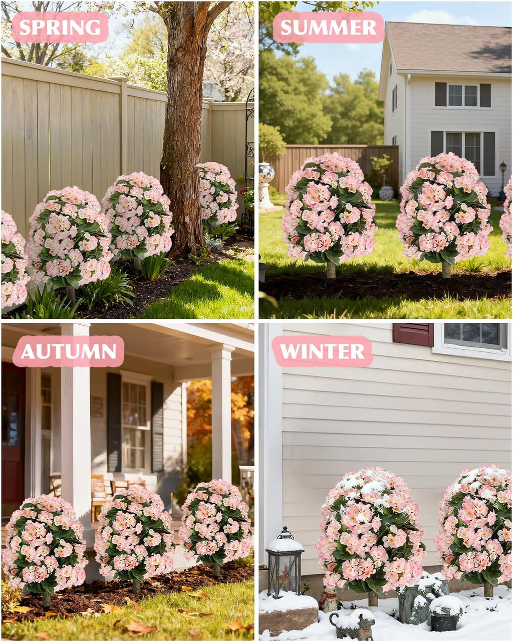 Artificial Topiary Flower Balls Outdoor Set of 2, UV Resistant Faux Outdoor Plants with Durable Metal Stakes, Realistic Bark-Textured Trunk, for Front Porch Outdoor Decor Patio Garden Decor