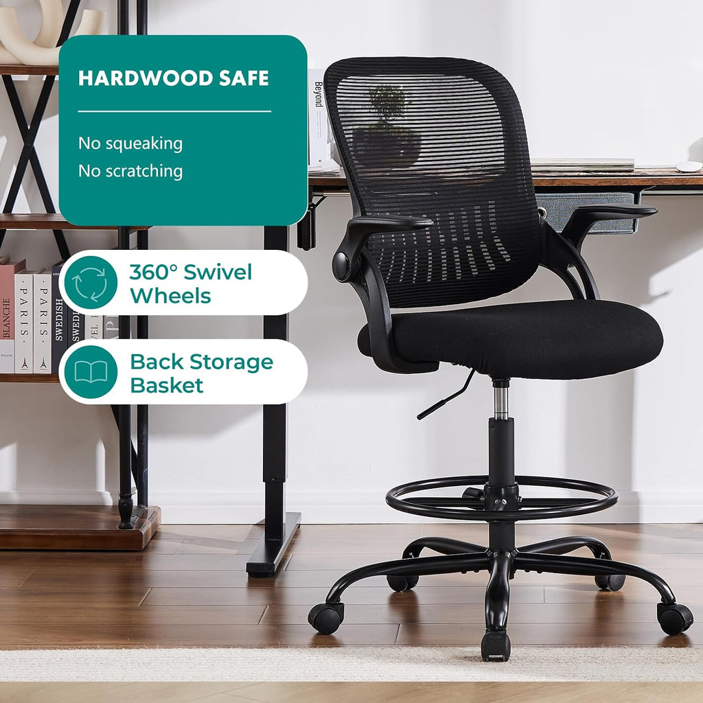 DUMOS Drafting Chair for Standing Desk, Counter Height Adjustable, Flip-up Arms, Ergonomic Mid Back Mesh Rolling Work 360° Swivel Office Computer Chairs with Wheels, for Bedroom Livingroom, Ink