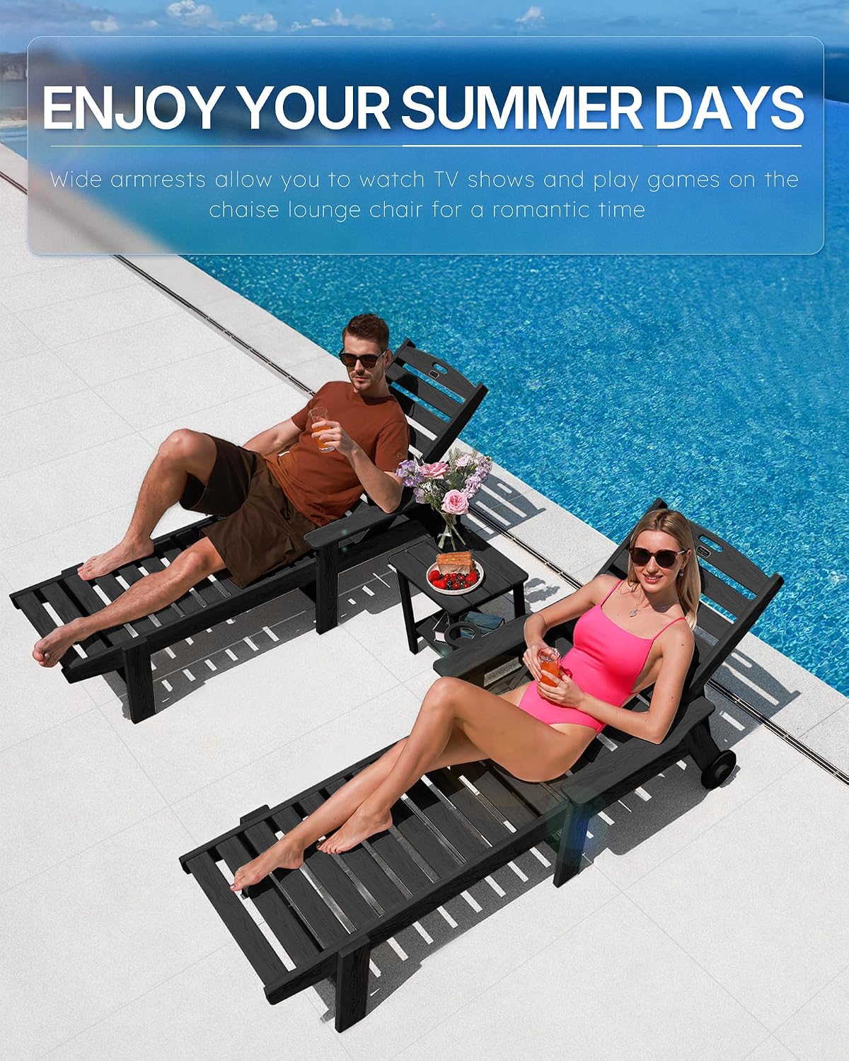 Patio Chaise Lounge Chair Set of 2, Oversize Lounge Chairs with Wood Texture& Rolling Wheels, HDPE 6-Position Plastic Lounge Chairs for Poolside, Patio, Deck, Beach,Black