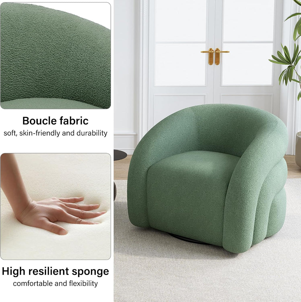 Boucle Swivel Accent Chair Set of 2, No Assembly Small Comfy Round Barrel Armchair for Living Room, Bedroom Reading Waiting Room-Green