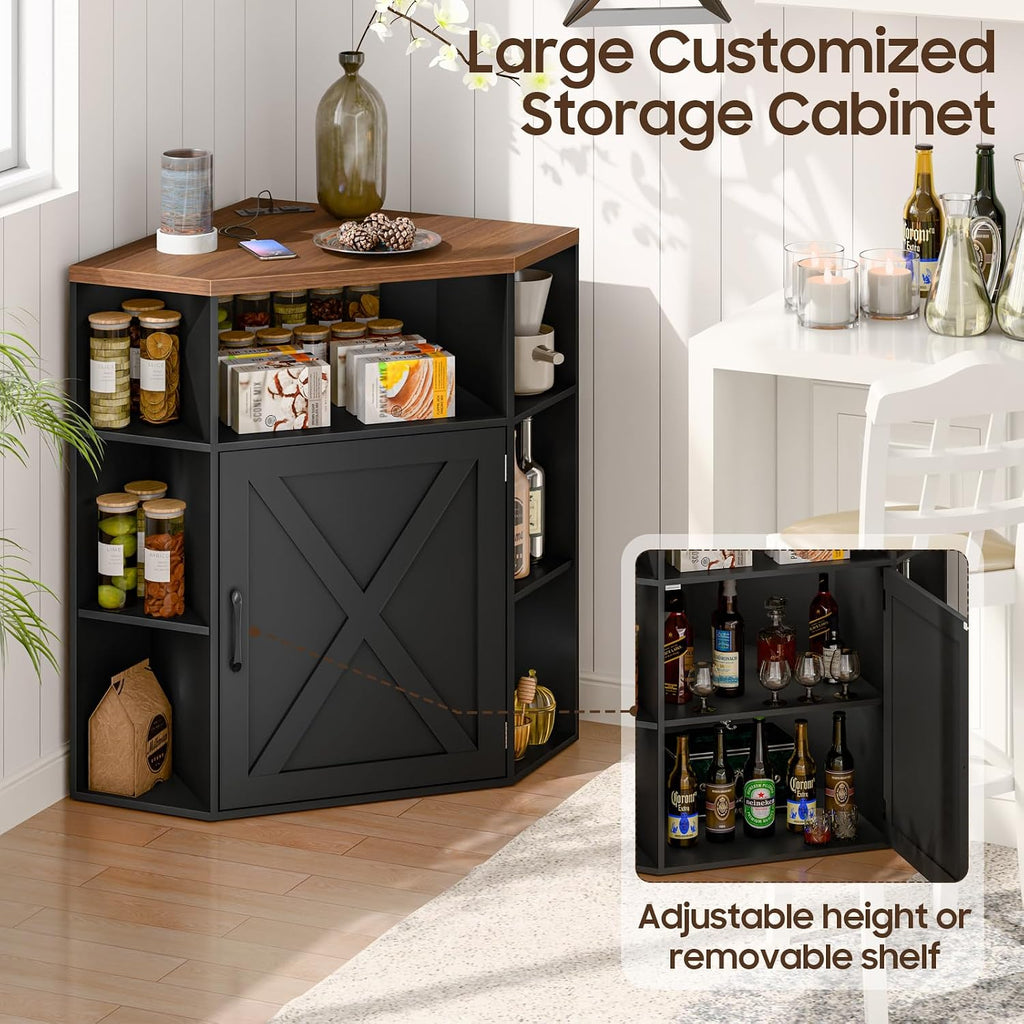 Vabches Corner Cabinet, Corner Storage Shelf with USB Ports and Outlets Industrial Organizer for Small Space Wooden 6-Cubby Bookshelf for Study, Playroom, Living Room (Black and Brown)