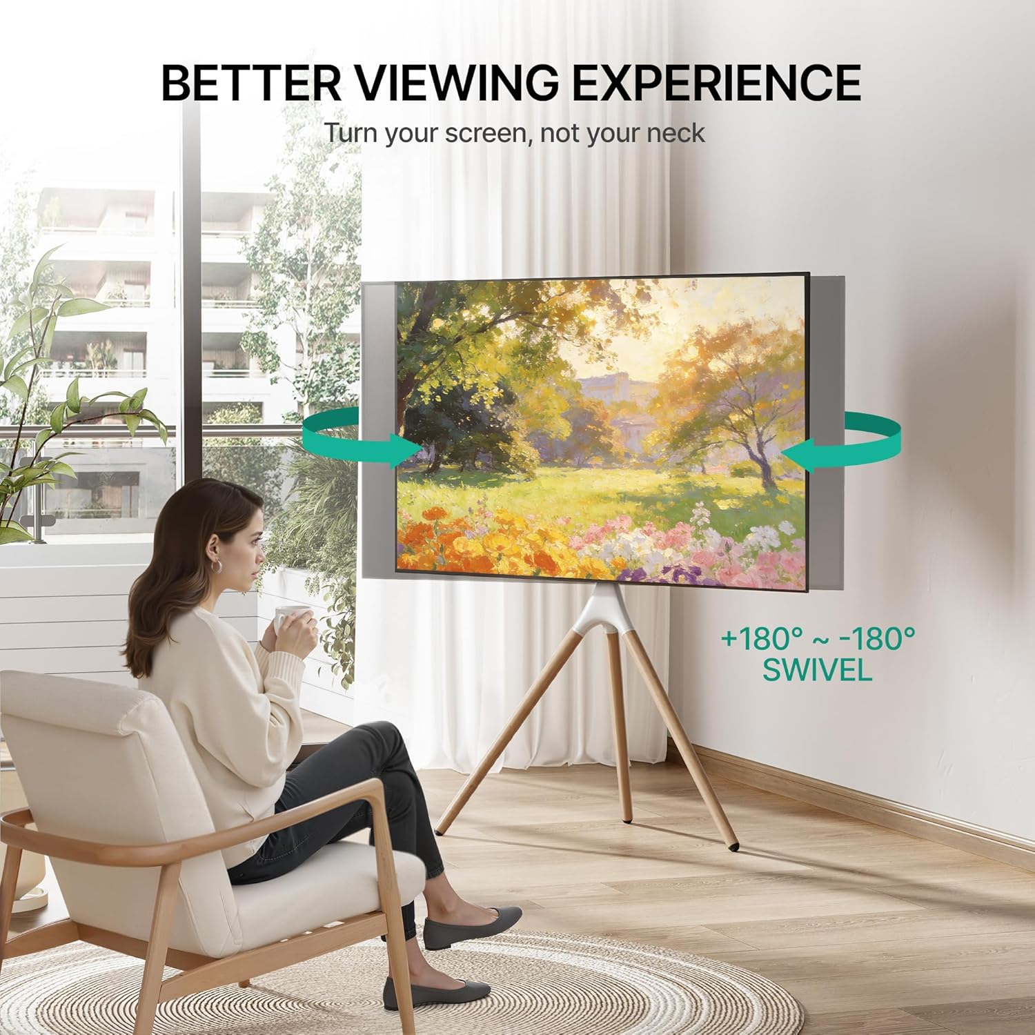 Artistic Easel TV Stand for 43-65 Inch TVs, 180° Swivel Tripod TV Stand up to 88 lbs, Floor TV Mount with Cable Management for Bedroom, Living Room and Corner, Max VESA 600x400mm, White