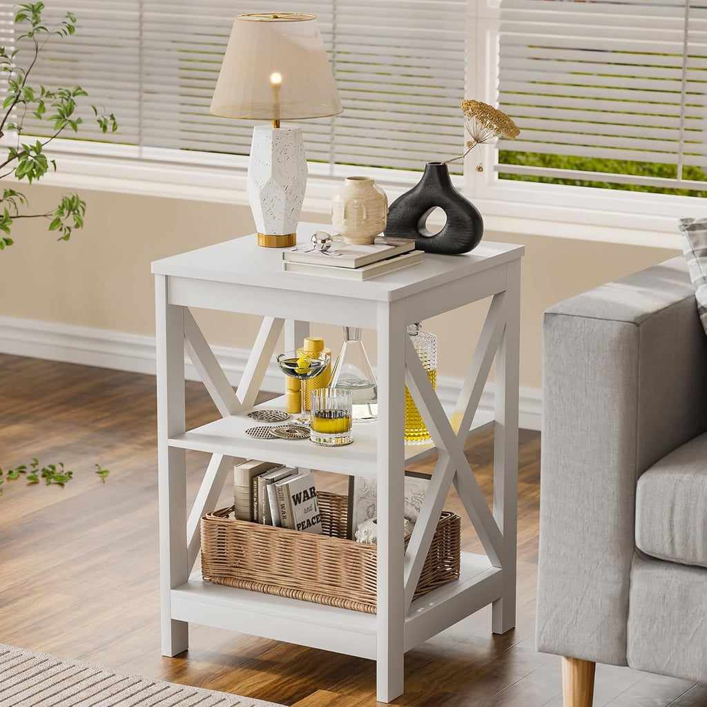SEJOV Side Table for Living Room, White End Table with 3-Tier Storage Shelves X-Design Night Stand for Small Spaces Farmhouse Wooden Nightstand for Bedroom Bed Side Office