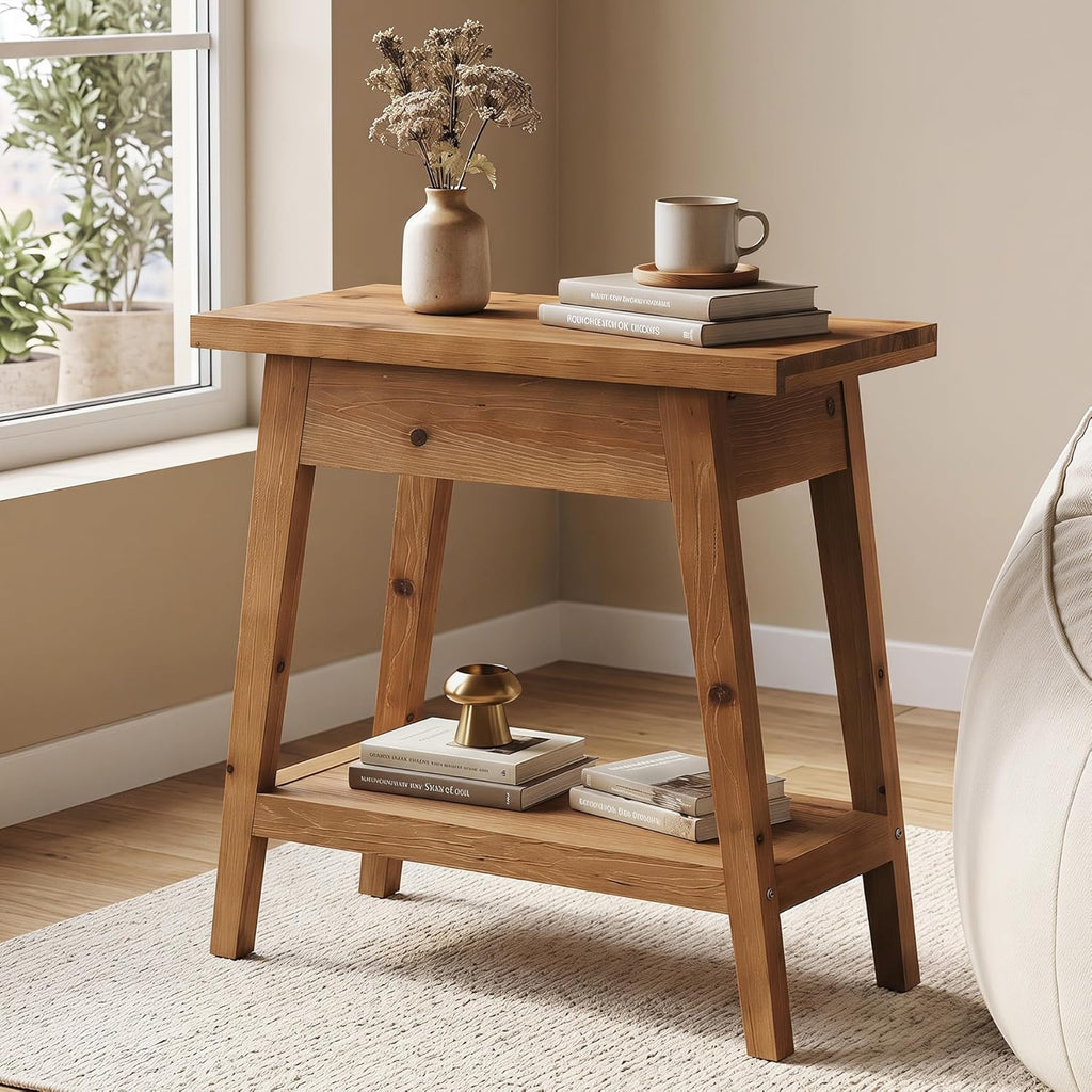 End Table for Living Room, 2-Tier Solid Wood Side Table with Storage, Farmhouse Rectangle Nightstand for Bedroom, Living Room, Small Spaces (Natural Brown) (1)