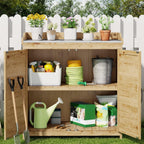 Gizoon Outdoor Potting Bench with Metal Tabletop, Outdoor Garden Patio Wooden Storage Cabinet with Adjustable Shelf, Double Doors Garden Work Bench for Backyard, Patio, Lawn - Natural