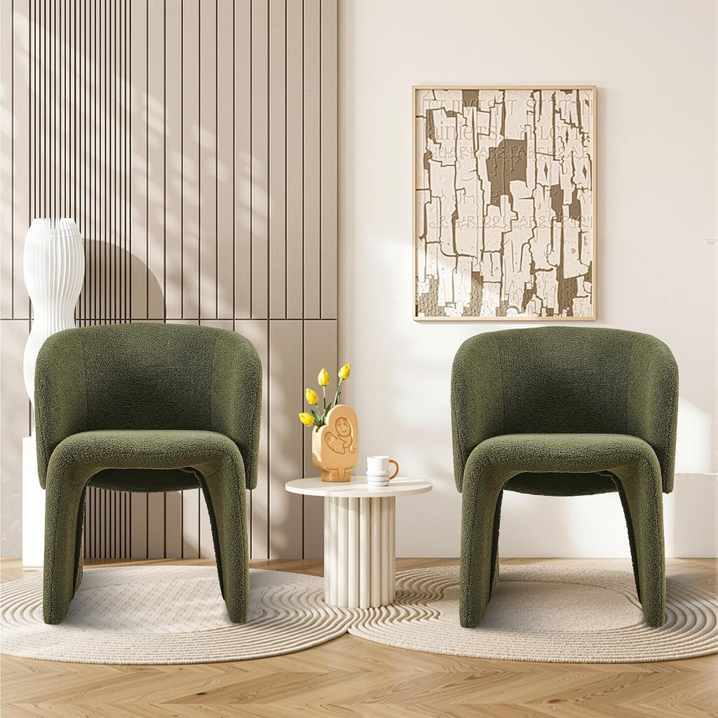 Barrel Dining Chairs Set of 2, Modern Comfy Kitchen Chairs with Arm, Upholstered Teddy Velvet, Bedroom, Living Room, Reading Room, Green