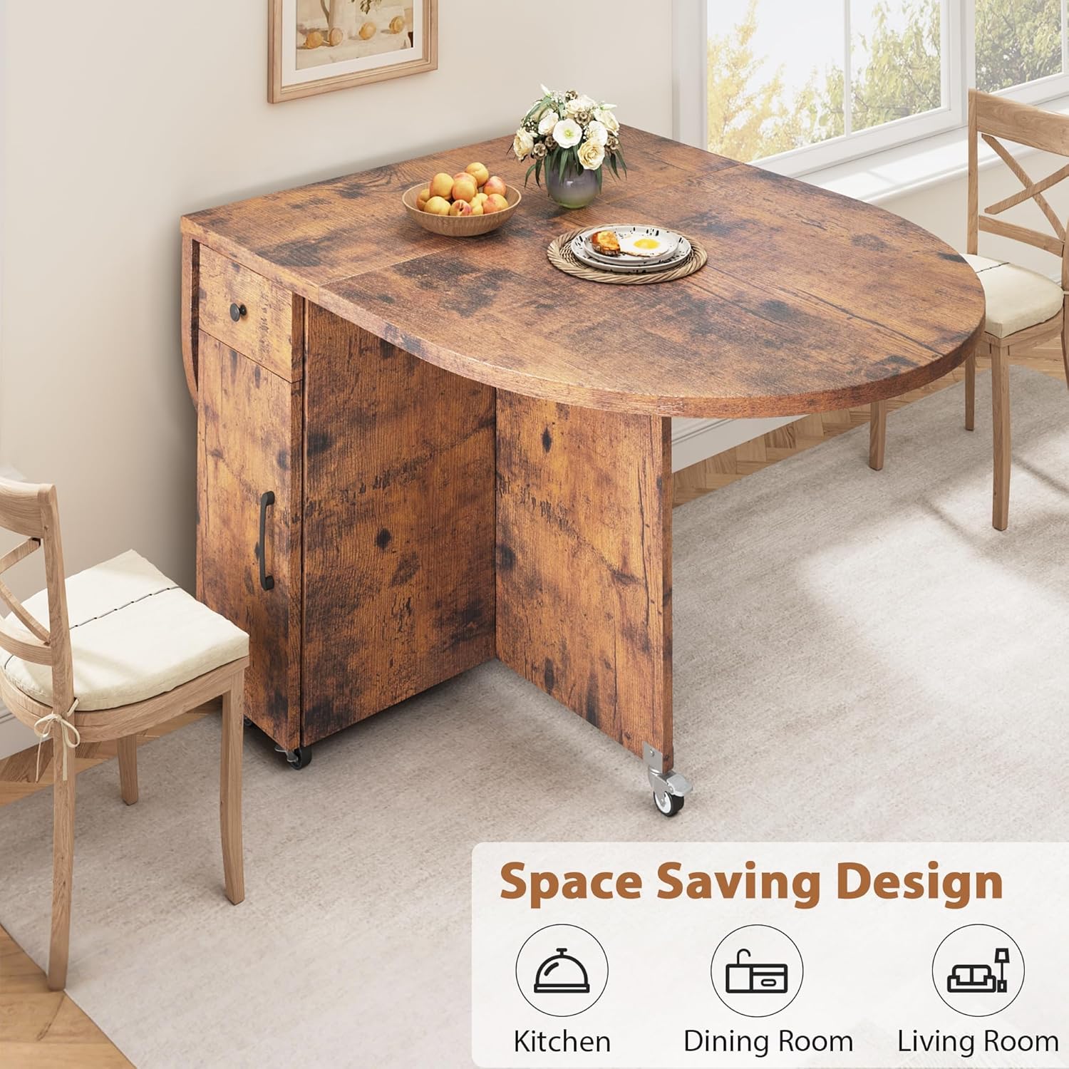 Jocoevol Round Folding Dining Table for 6, Space Saving Drop Leaf Kitchen Table with Storage Drawer, 6 Wheels Oval Gateleg Foldable Dining Table for Small Spaces (Vintage, 51" x 31.5" x 30")