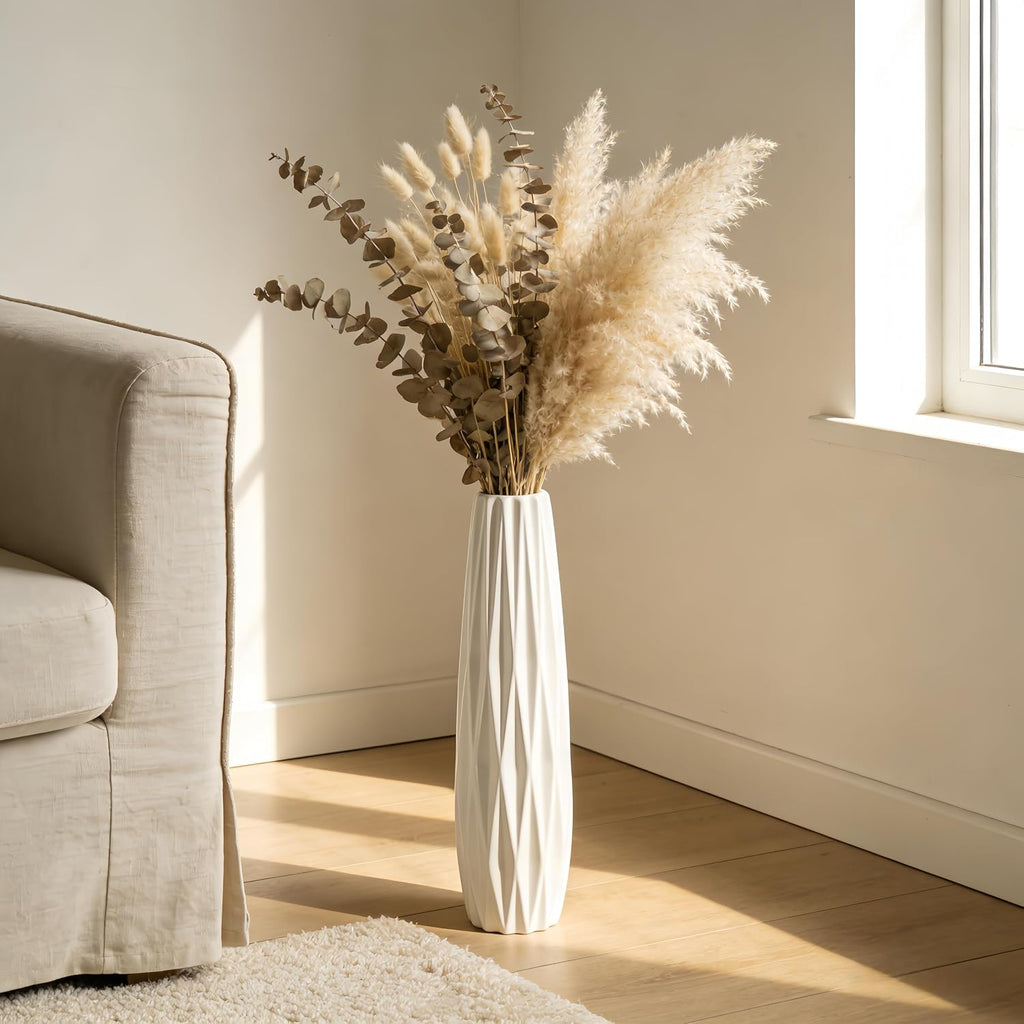 White Tall Ceramic Floor Vase, 17.7 Inch, Ribbed Design, Large Vase | Glossy Glazed Finish, Narrow Corners, Entryway, Bedroom, Compact Spaces