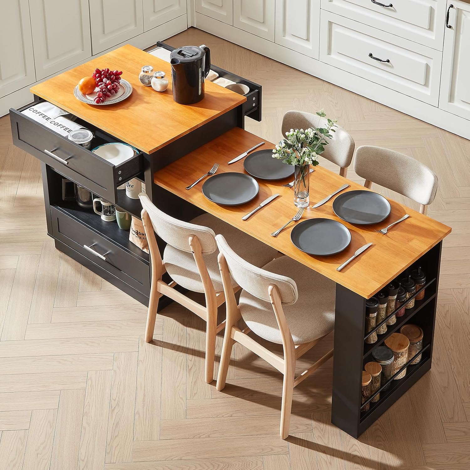 ONBRILL 76" Kitchen Islands with Extendable Dining Table, 2-4 Island Table with Double-Side Storage, Mobile Storage Islands Cart with Power Outlet & Spice Rack, Black