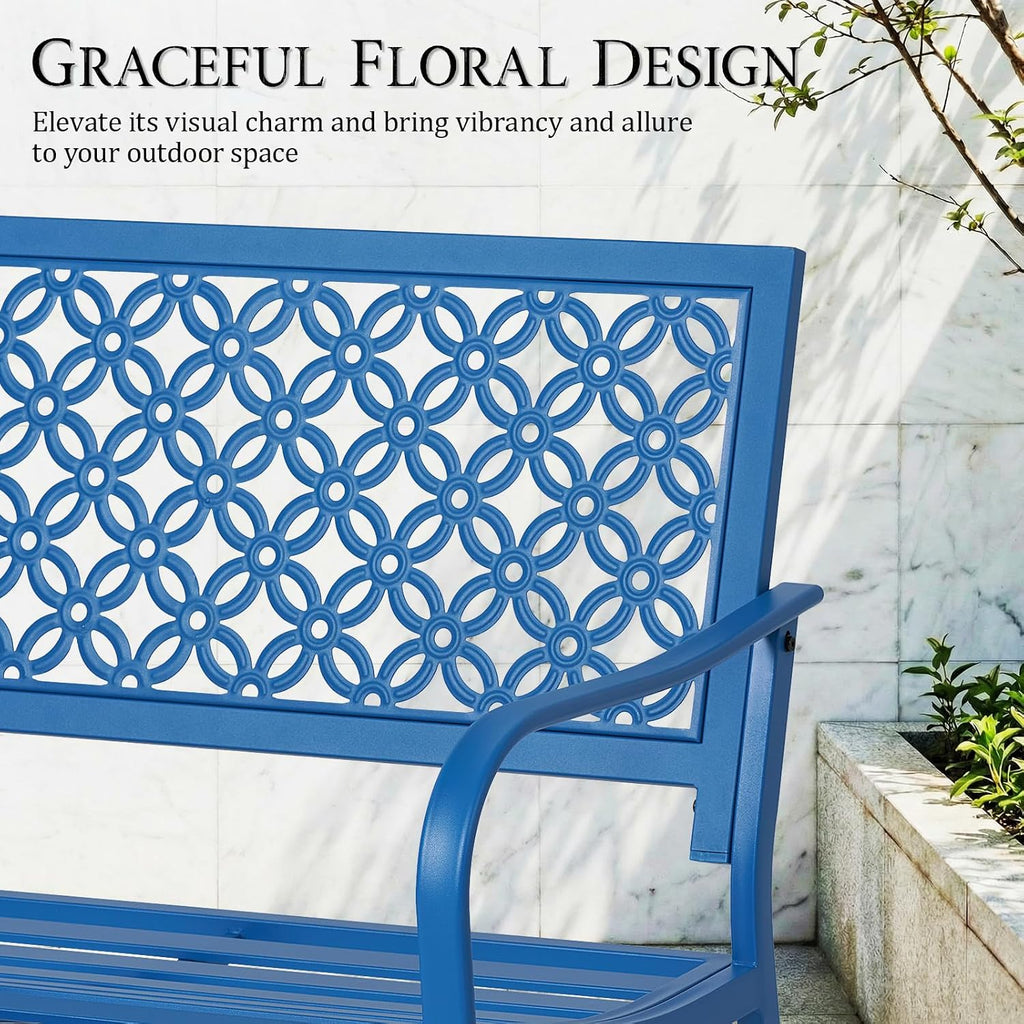 ONBRILL 50" Outdoor Bench Weatherproof, 700 lbs Capacity Heavy Duty Garden Benches with Galvanized Metal Frame, Patio Bench with Floral Backrest, Patio Furniture for Porch, Park, Yard, Entryway, Blue