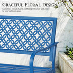 ONBRILL 50" Outdoor Bench Weatherproof, 700 lbs Capacity Heavy Duty Garden Benches with Galvanized Metal Frame, Patio Bench with Floral Backrest, Patio Furniture for Porch, Park, Yard, Entryway, Blue