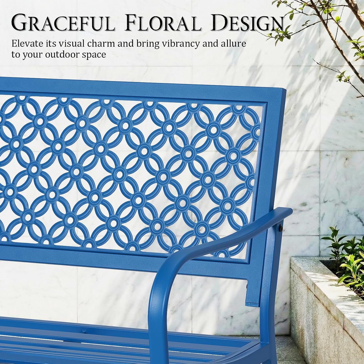 ONBRILL 50" Outdoor Bench Weatherproof, 700 lbs Capacity Heavy Duty Garden Benches with Galvanized Metal Frame, Patio Bench with Floral Backrest, Patio Furniture for Porch, Park, Yard, Entryway, Blue