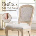 Wicker Dining Chairs Set of 2, Upholstered Linen Fabric Dining Room Chairs with Square High Rattan Back Farmhouse French Kitchen Chairs for Dining Table/Living Room/Restaurant, White