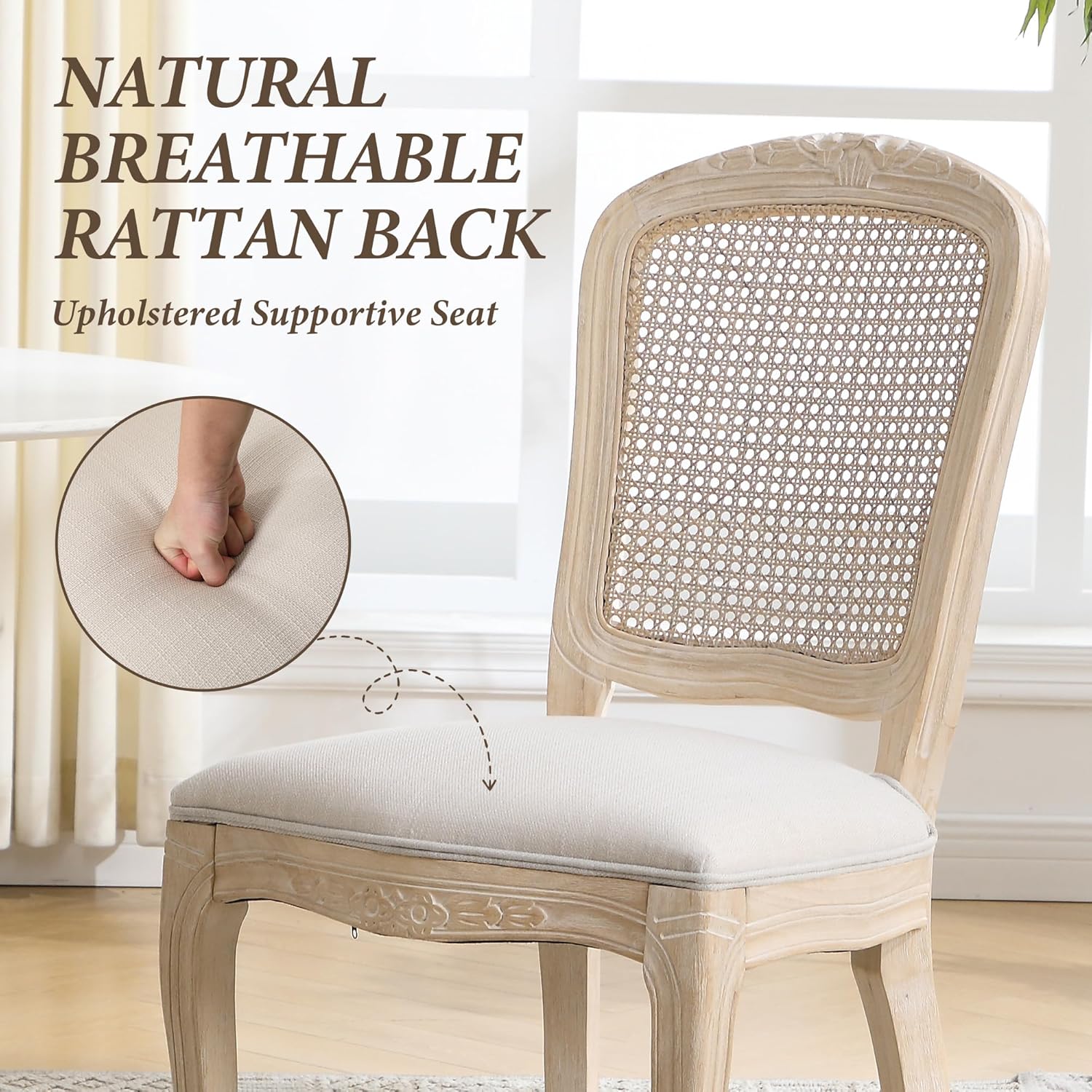 Wicker Dining Chairs Set of 4, Upholstered Linen Fabric Dining Room Chairs with Square High Rattan Back Farmhouse French Kitchen Chairs for Dining Table/Living Room/Restaurant, White