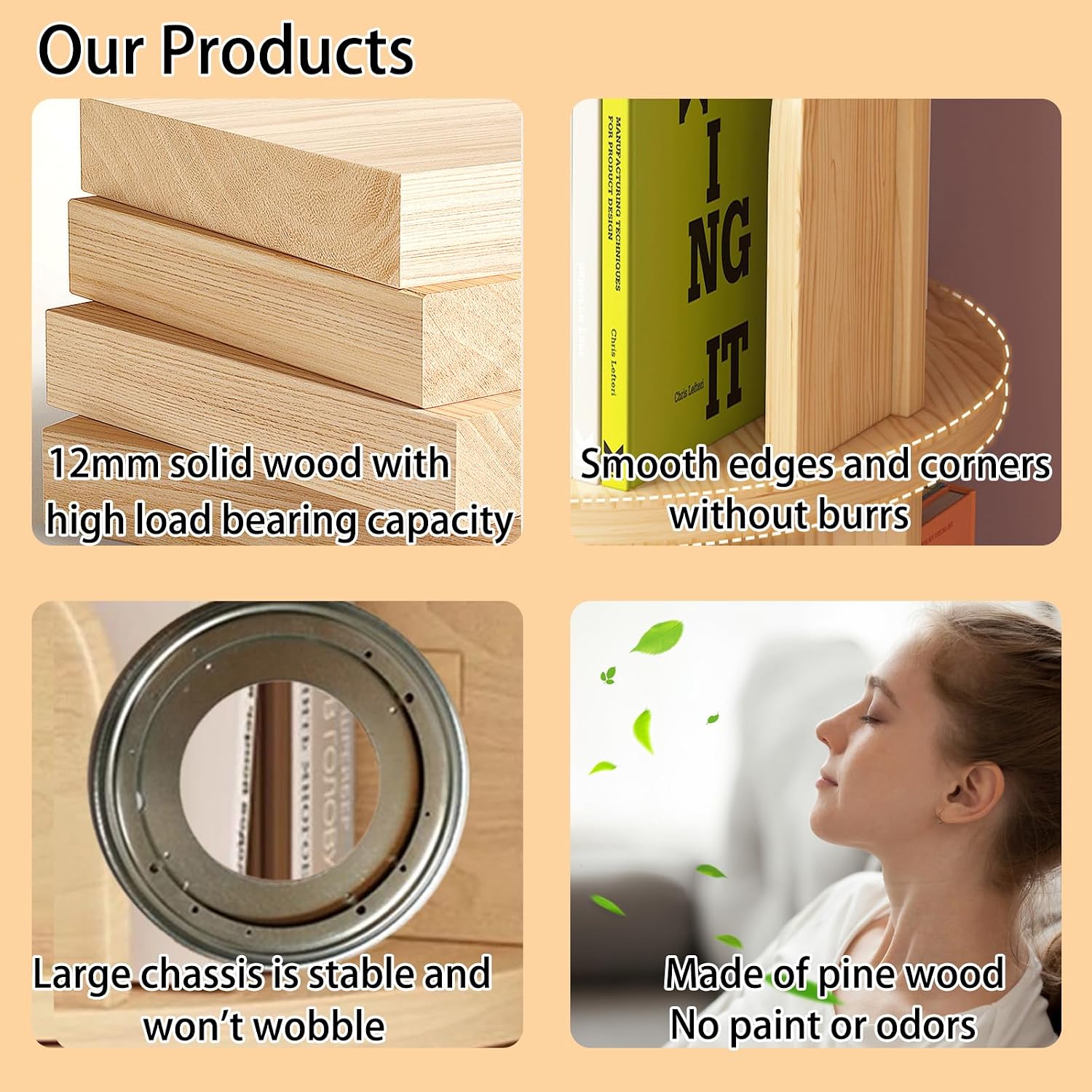 2 Tier Wood Bookshelf Office End Table,Nightstand with Storage Shelf,Rotating Side Table,Circle Nightstands for Bedroom,Modern Sofa Bedside Tables for Living Room,Easy Assembly.