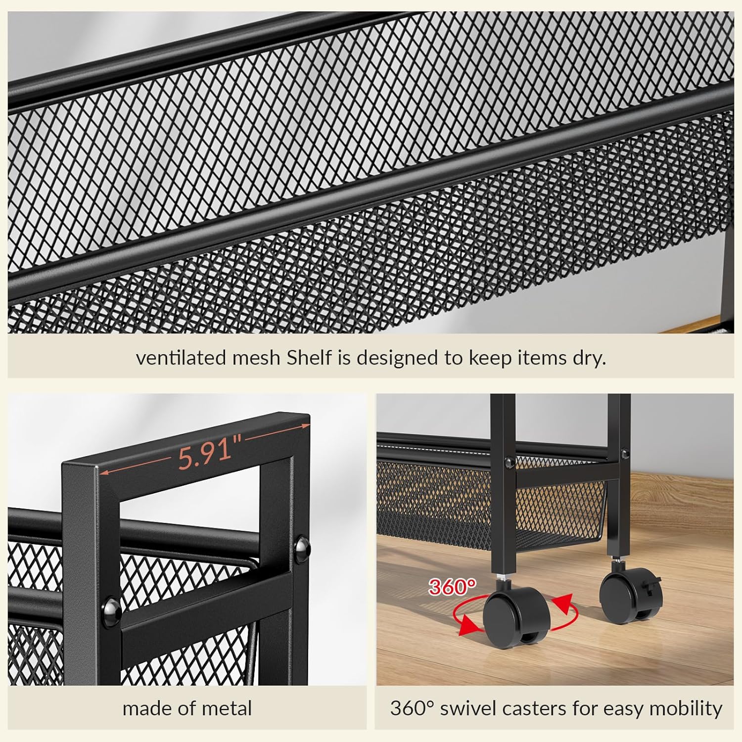 ThreeHio 6 Tier Slim Storage Cart, Narrow Cart with Wheels, Metal Mobile Shelving Unit Organizer for Kitchen, Bathroom, Laundry Room, Living Room & Narrow Spaces, Black, 6in(W)