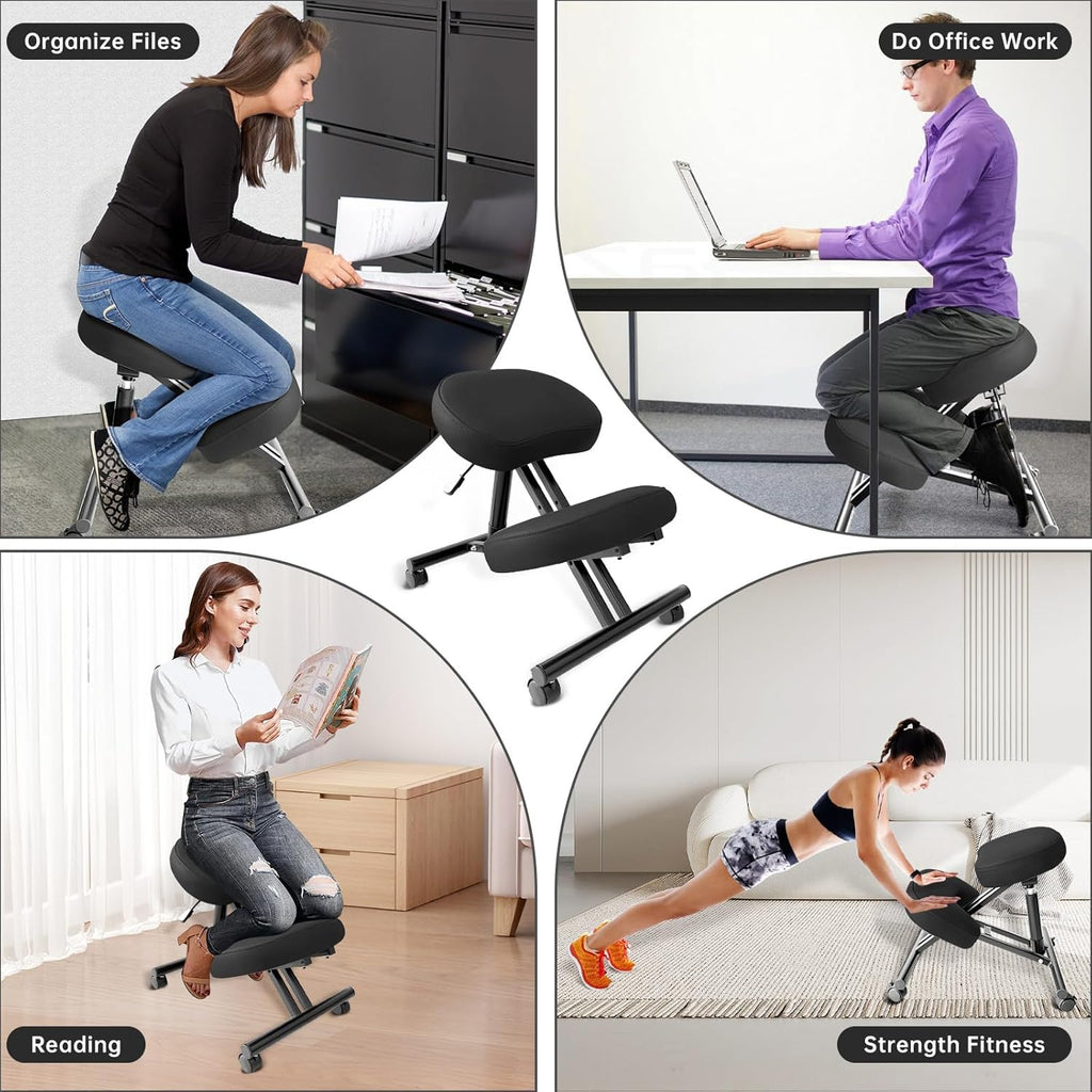 PU Leather Ergonomic Kneeling Chair, Adjustable Home and Office Stool with Thick Pads and Flexible Lockable Brake Wheels for Back Pain Relief (Black)
