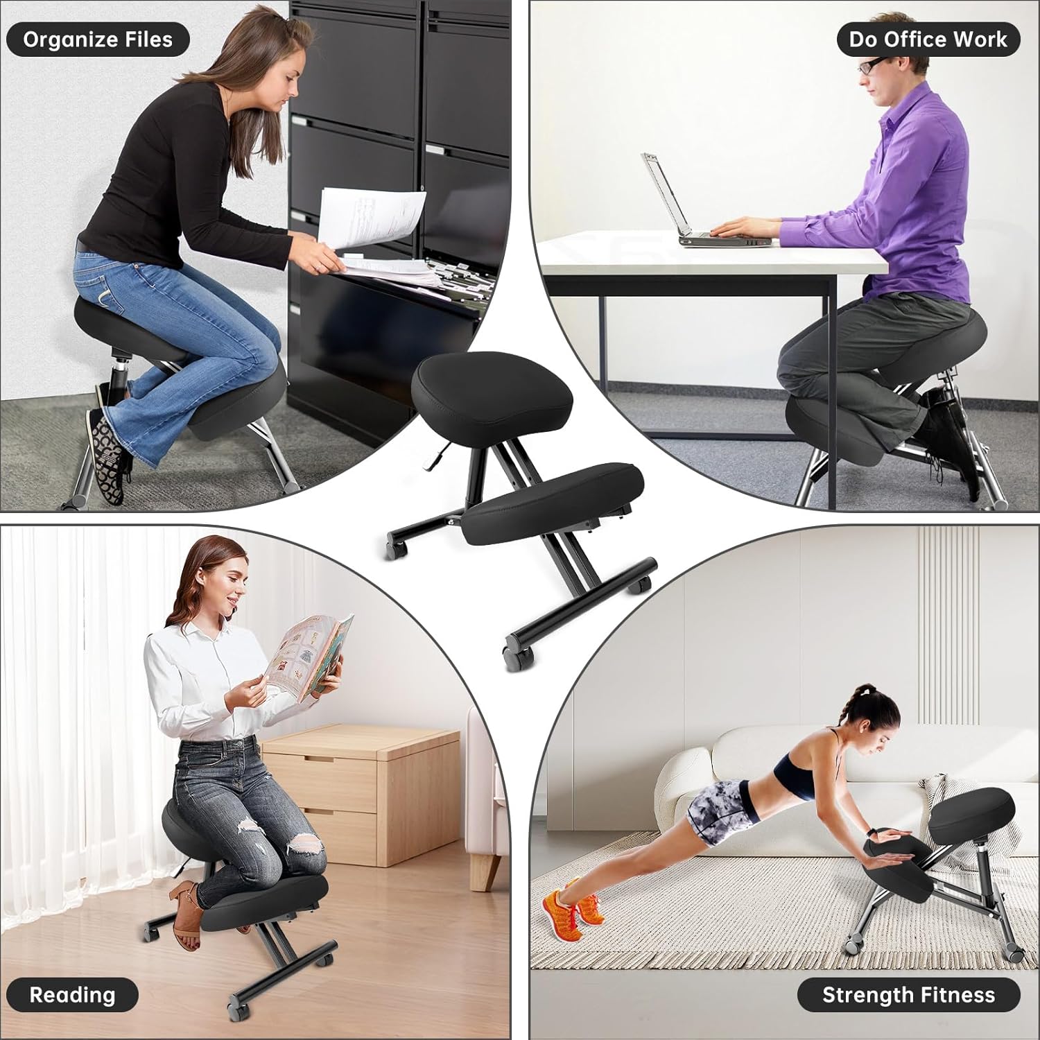 PU Leather Ergonomic Kneeling Chair, Adjustable Home and Office Stool with Thick Pads and Flexible Lockable Brake Wheels for Back Pain Relief (Black)
