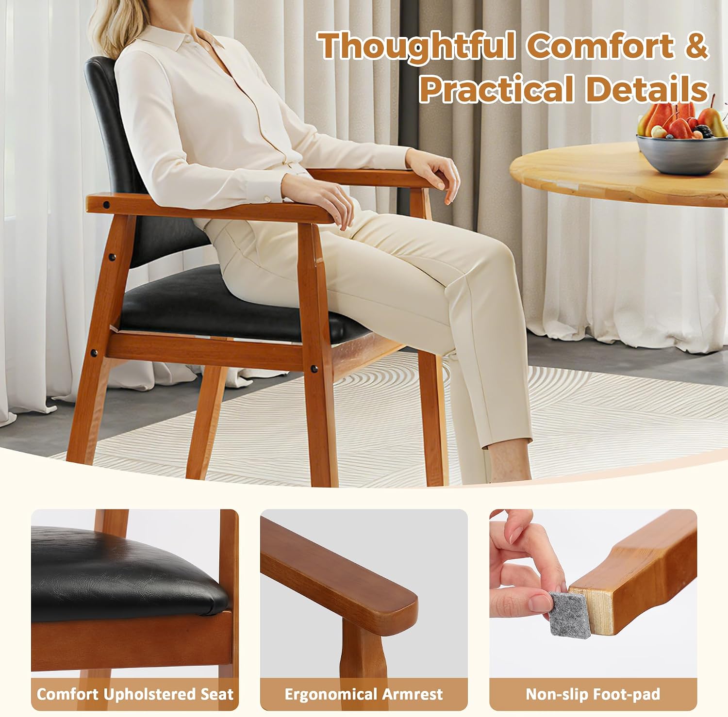 NOBPEINT Mid-Century Modern Dining Chairs with Armrest Set of 1, PU Leather Upholstered Dining Room Chairs with Solid Wood Frame, Walnut Kitchen Armchairs for Kitchen Living Room Restaurant, Black