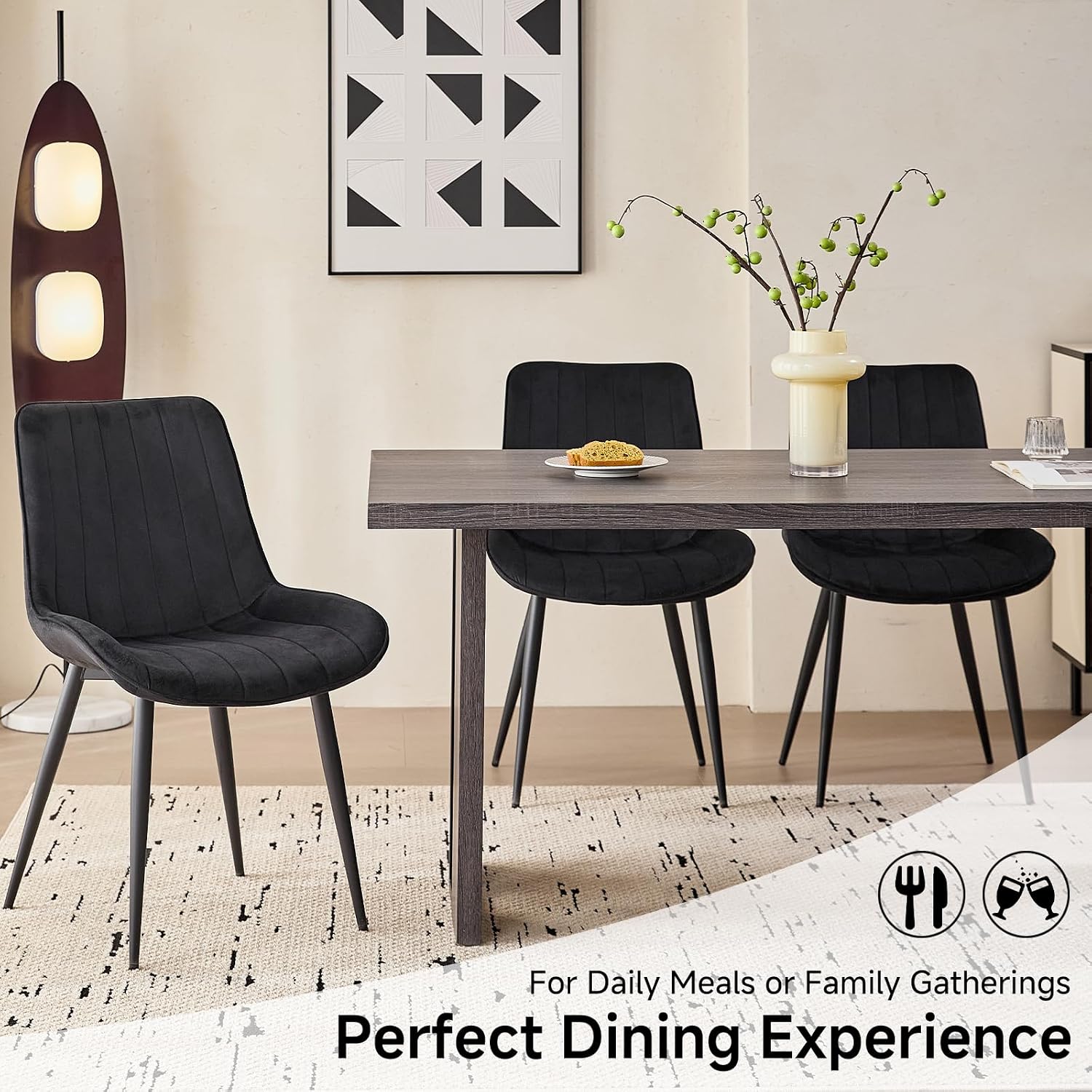 Velvet Dining Chairs Set of 4, Black Modern Upholstered Armless Kitchen Chairs with Metal Legs for Bedroom Living Room
