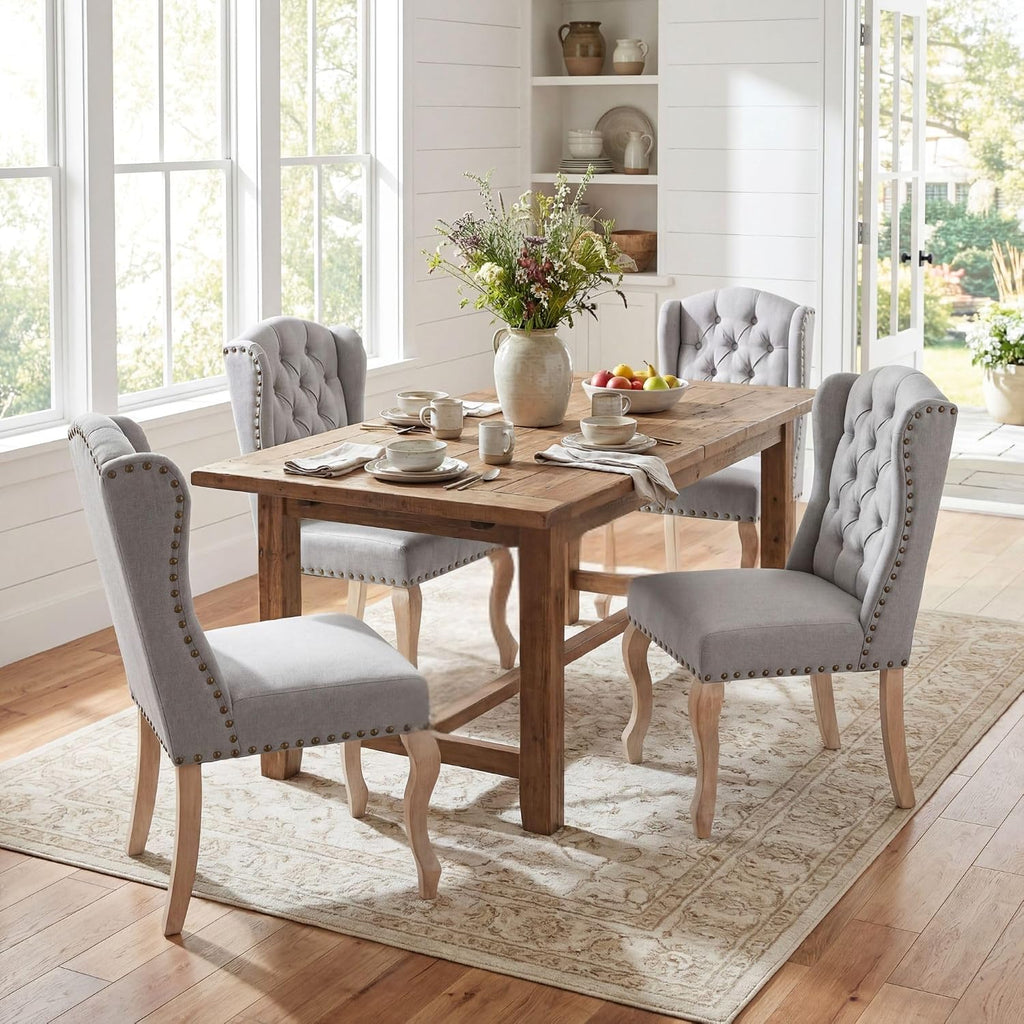 Dining Chairs Set of 2 with Solid Wood Legs, Linen Farmhouse Accent Chairs Side Host Kitchen Chair with Tufted Back for Dining Room/Living Room/Bedroom, Light Grey