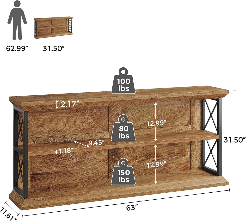 63 Inch Long Console Tables for Entryway with 3-Tier Storage, Wooden Sofa Table Behind Couch for Living Room Hallway, Entry, Oak Brown
