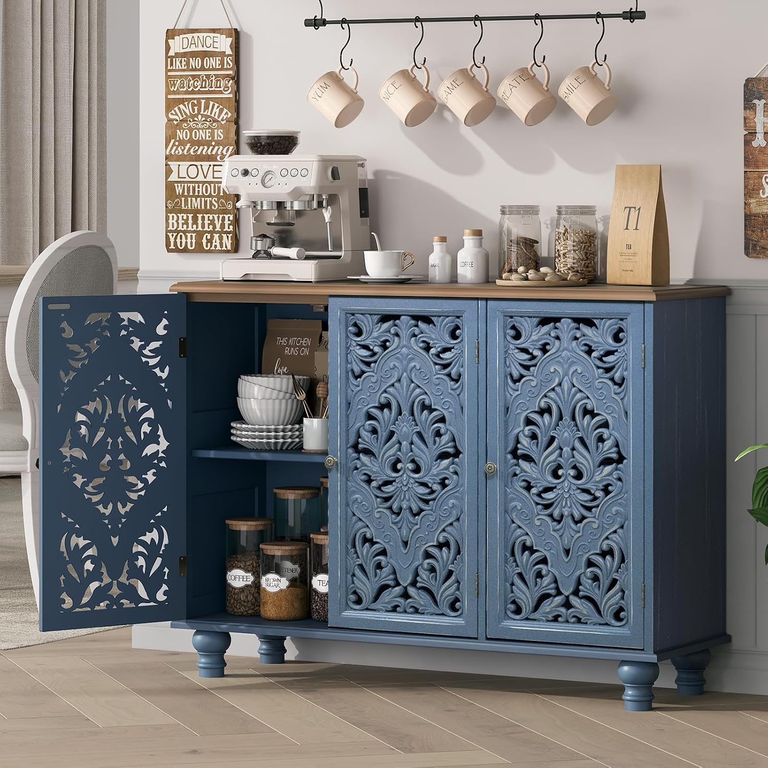Jiansu furni Sideboard Buffet Cabinet with Storage, Accent Cabinet with 3 Doors and Adjustable Shelves,Buffet Table with Solid Wood Legs for Kitchen, Living Room, Hallway(Blue & Walnut)